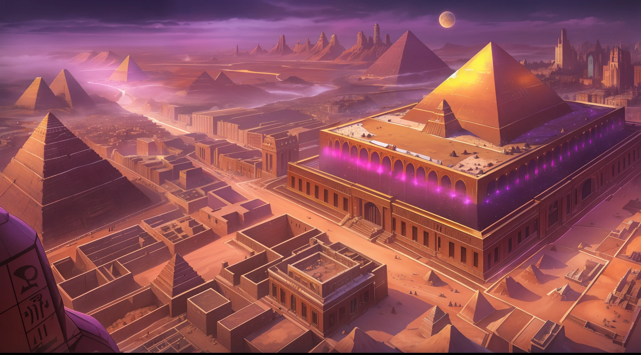 (Absurd, very high resolution, ultra-detailed, HDR), master piece, best quality, aerial view, empire of the Egyptian spirit, great Open City, metropolis, compacted sand floor, buildings, Pyramids, floating rocks, fog, sand mountains, many houses, Many buildings, many Egyptian people, giant golden pyramid in the center with golden throne on top, Crystalline river, Purple sky, moons in the sky, purple stars in the sky, scattered purple glowing particles