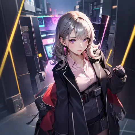 anime girl with long hair and purple eyes standing on neon background, portrait anime space cadet girl, girls frontline universe...