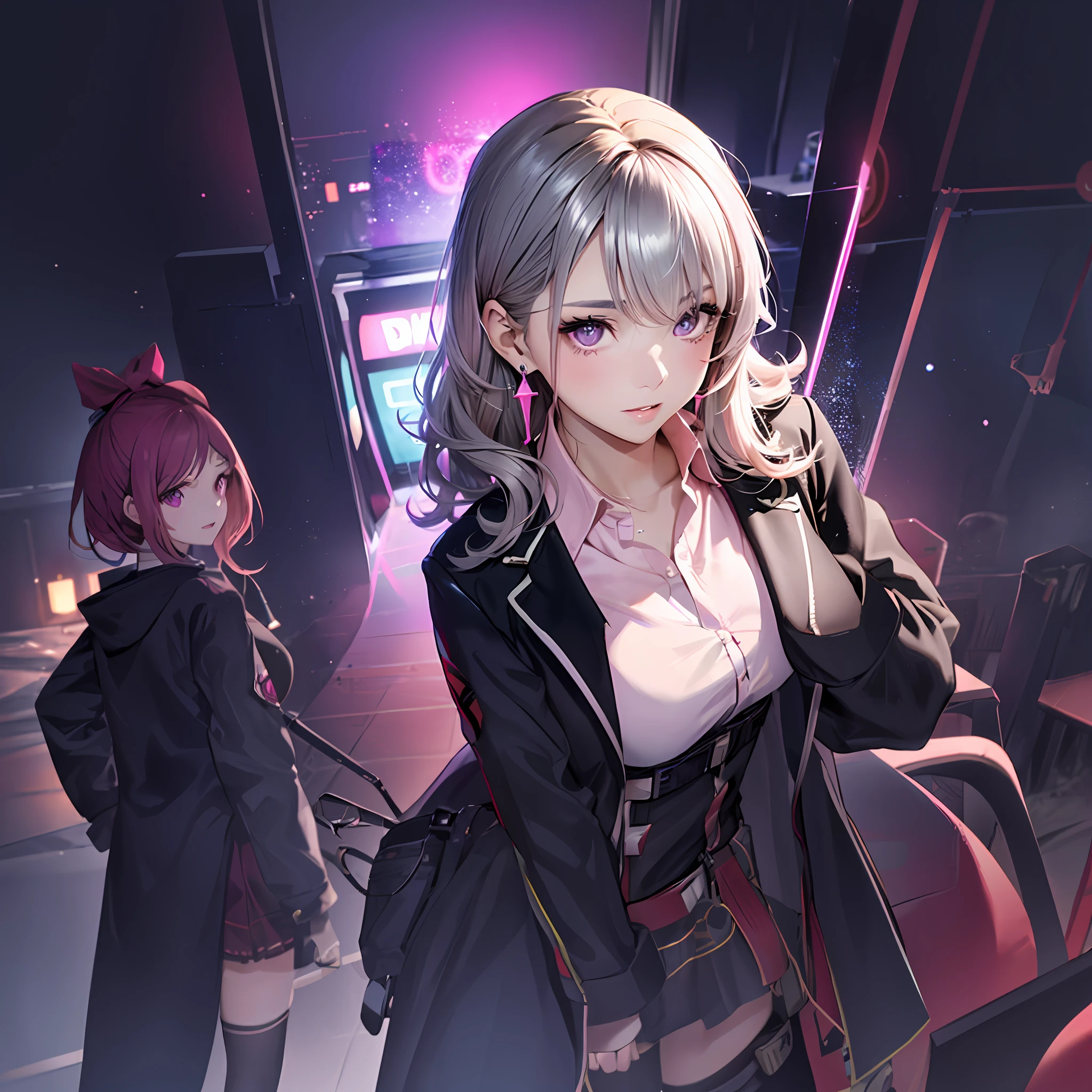 Anime girl with long hair and purple eyes standing on neon background, portrait anime space cadet girl, girls frontline universe, best anime 4k konachan wallpaper, from girls frontline, Portrait Anime Girl, girls frontline cg, Detailed Digital Anime Art, Fine details. girls' frontline, girls frontline style, Cyberpunk Anime Girl, chiaki nanami from danganronpa