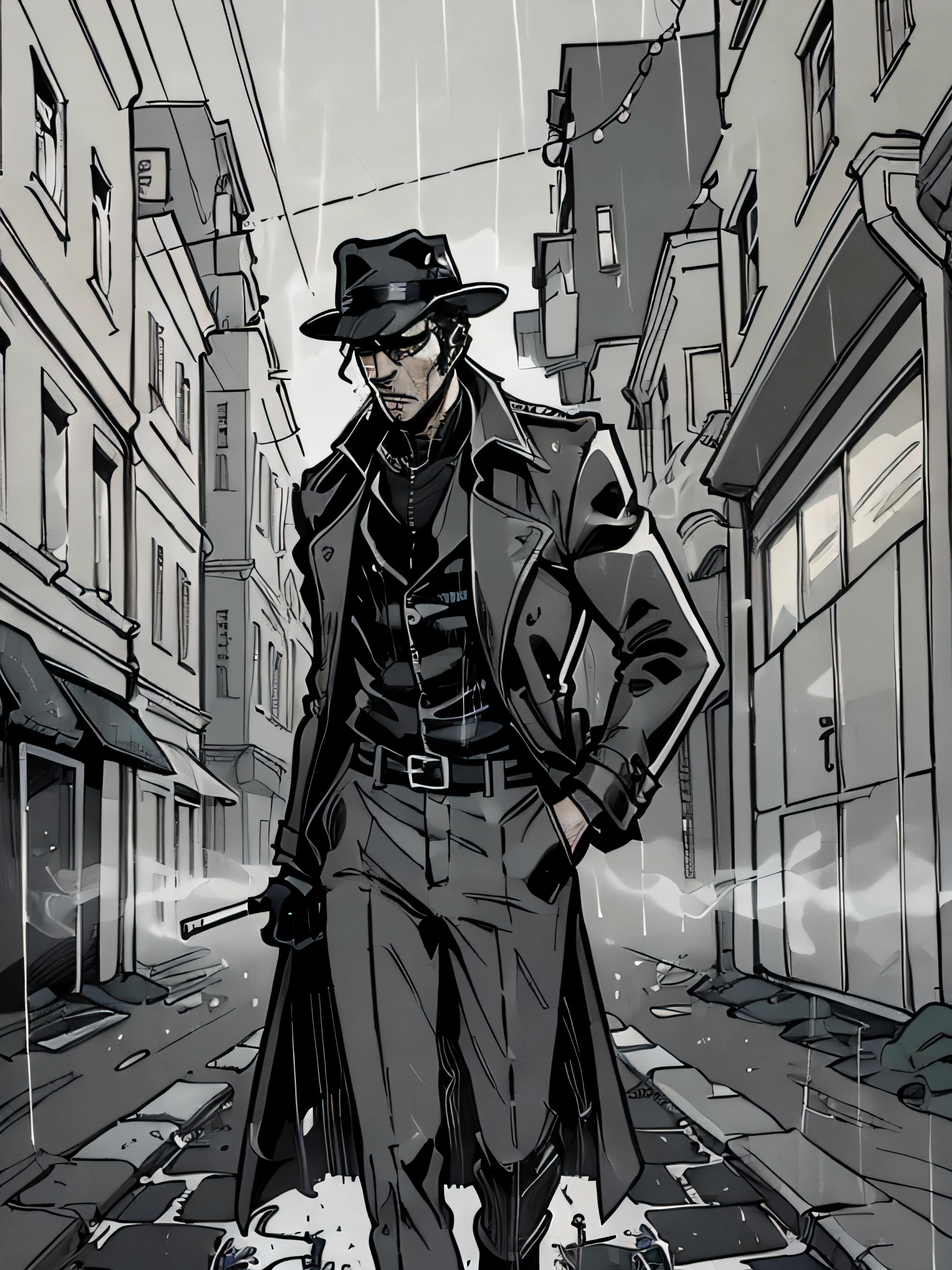 (Noir Comics-style illustration:1.2),(St. Petersburg:1.1), black and white, high contrast, gritty, gloomy, raining, moody, detective in a trench-coat, fedora hat, smoking a cigarette, murder scene, blood-stained weapon, alleyway