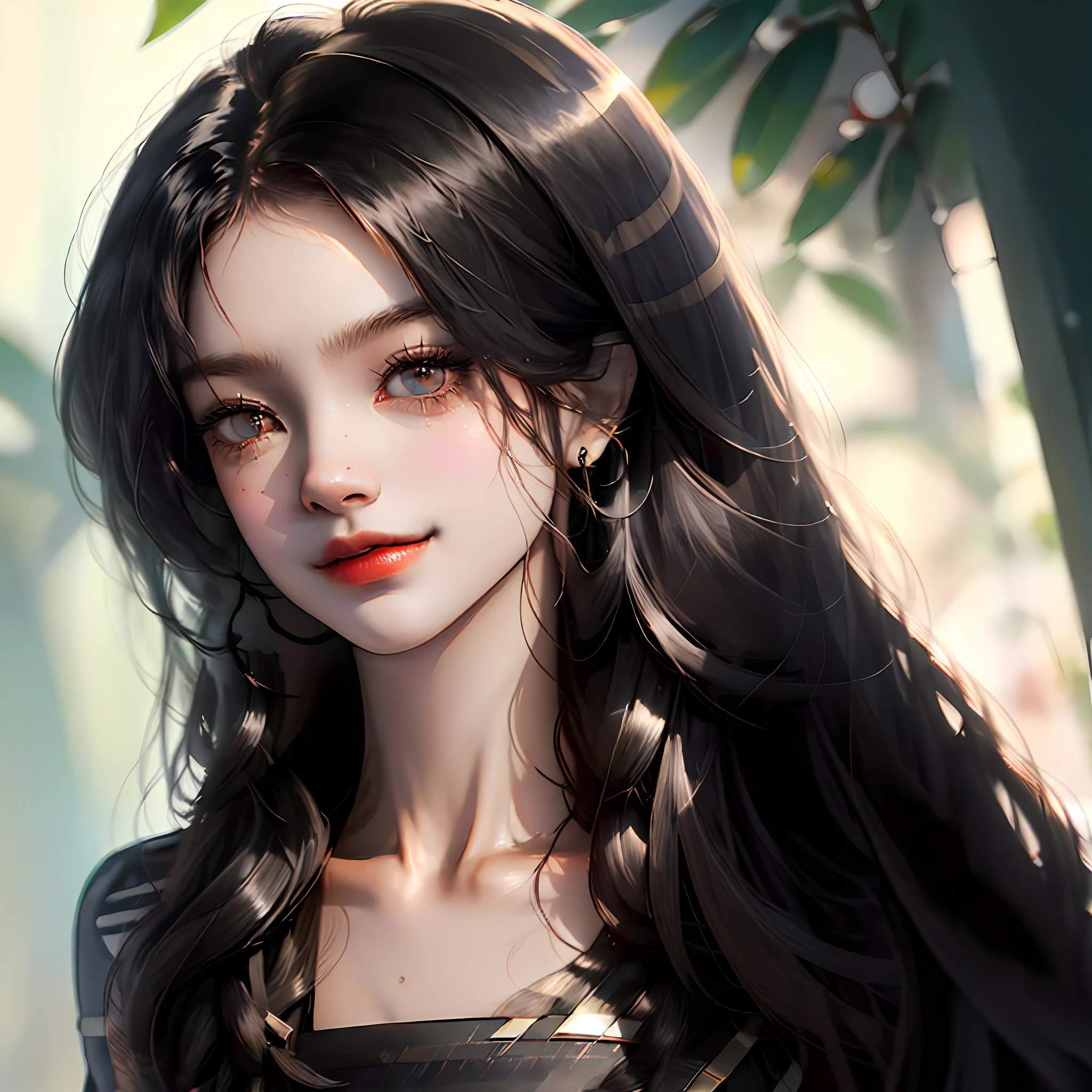 A portrait of your first love，Long black and shiny hair，Method and waist，Big bright eyes，Small and cute nose，She stood not far away and smiled blankly at me，The temperament she exudes，It feels very alive and contagious。 --auto