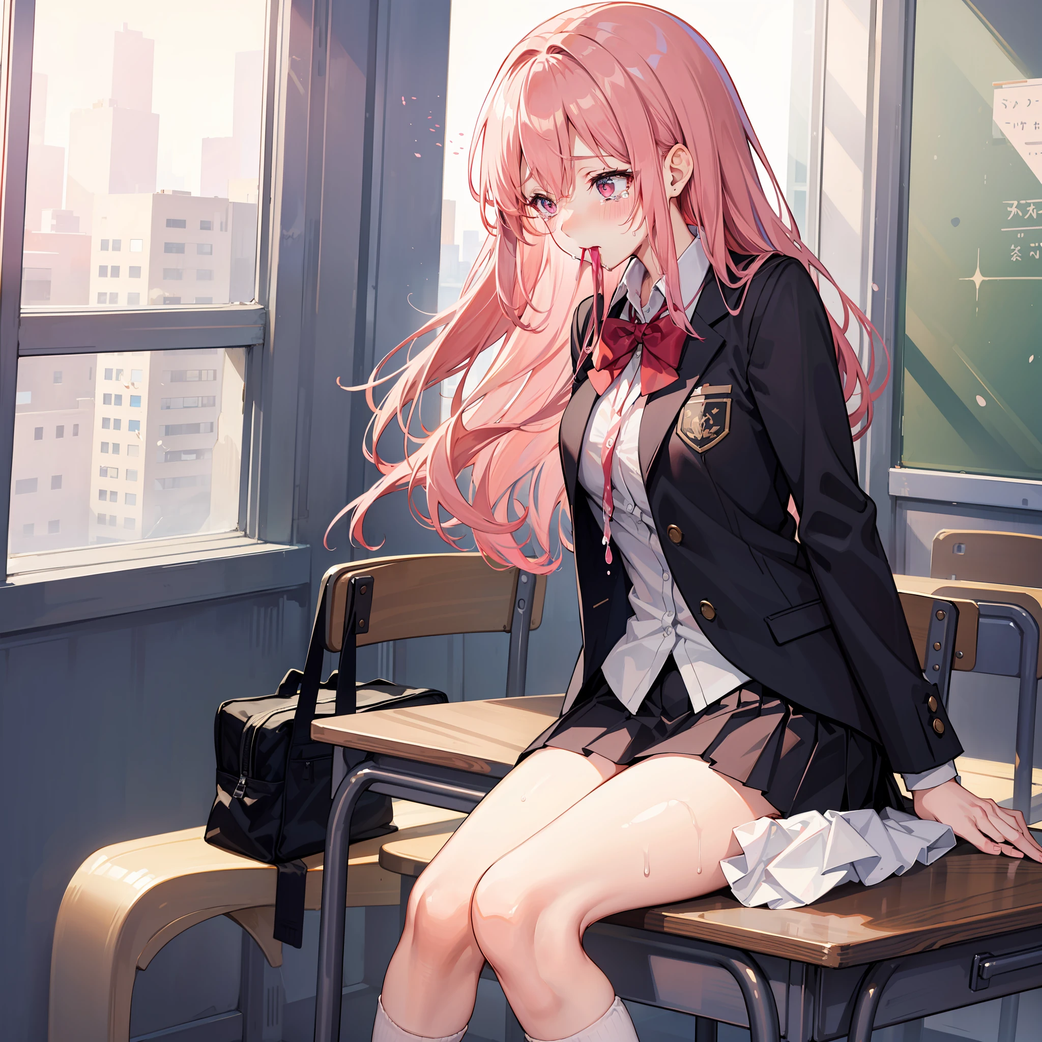 1 long hair, girl in school uniform, miniskirt, pink hair, looking away, sitting and spreading crotch, embarrassed, blushing, crying, mouth closed, classroom (girl leaking pee)