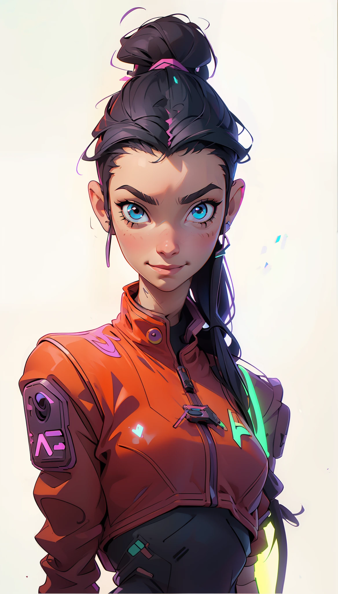 Create a girl with long messy black hair and brown eyes, smiling, gamer,, monitor, night time, good quality, perfect anatomy, 8k, masterpiece, by (Holaxes), long hair, messy hair, neon, headphones, cyberpunk, neon purple, neon yellow, neon blue, cyberwave, best Character Design