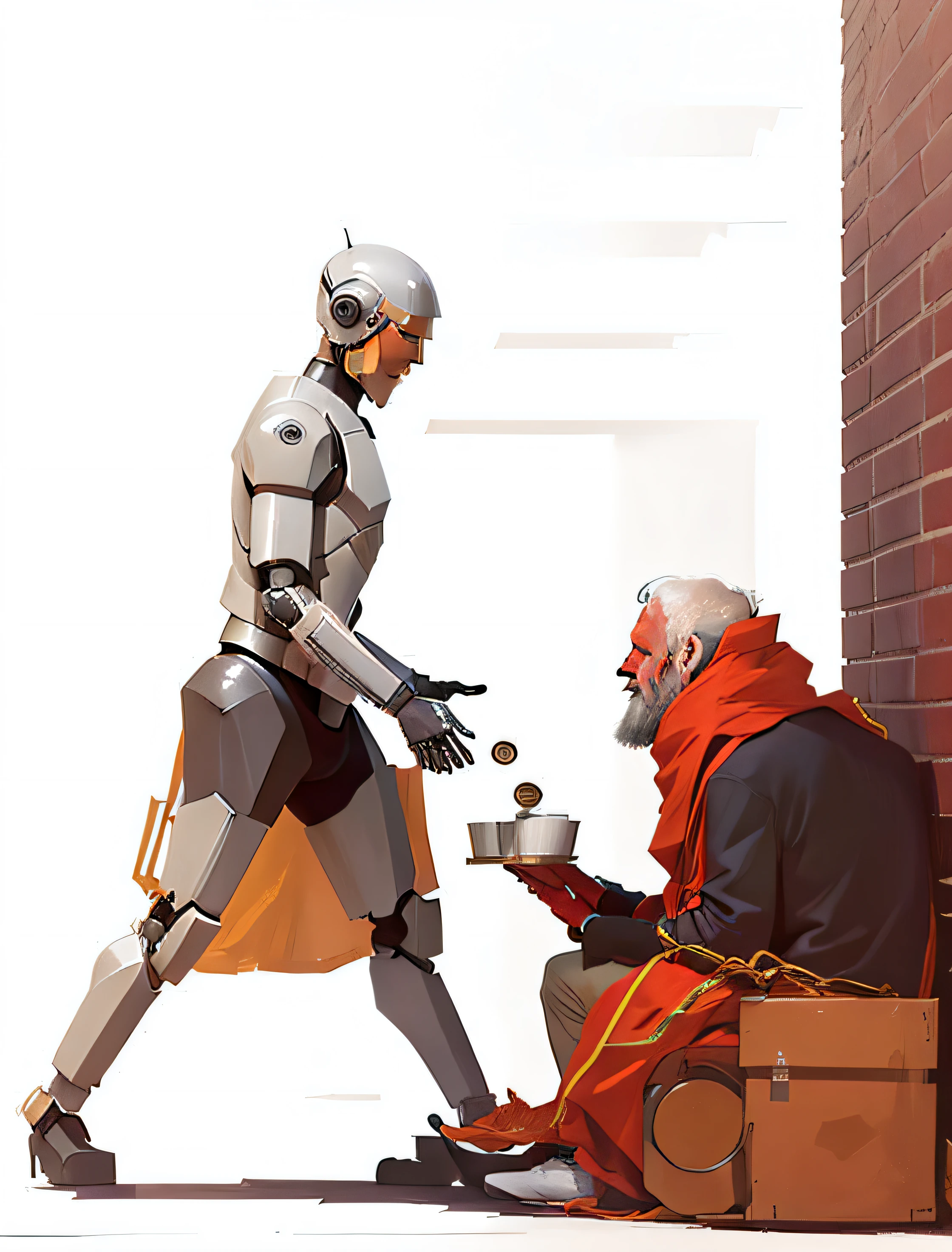 Robot giving coins to old man sitting on the floor