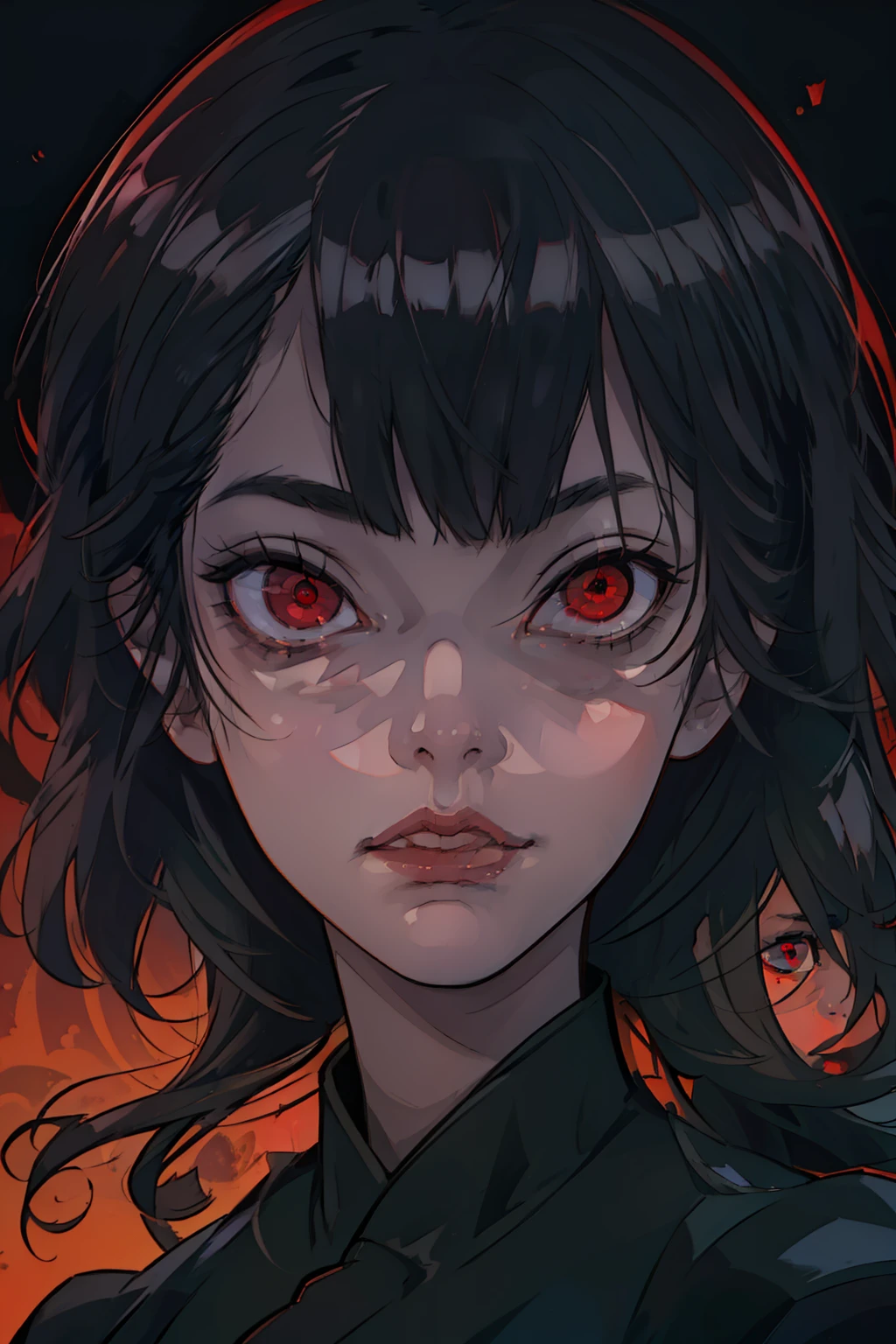 Best quality)), ((masterpiece)), (detailed: 1.4), black dress, dark black hair, black hime cut hair, glowing red eyes, dark background, dark environment, scary, junji ito, juni ito inspired, japanese horror inspired, fish eye lens, perspective, close up on face, face close up
