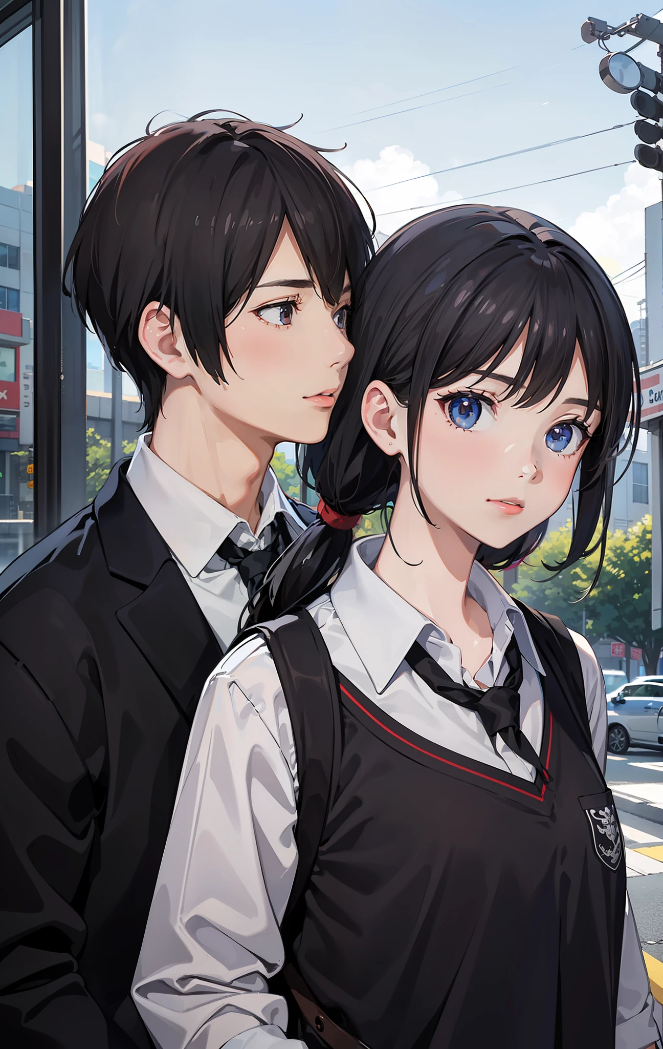 a female and a male, they are two students, wearing school uniform, lonely, rainny, around school, trees are beside the road, poddle of water reflectiing these two people, reflecting, a rainbow is on the sky, polar opposites, symmetry, panorama, perspective, ray tracing, reflection light, depth of field, close-up, masterpiece, best quality, high details, high quality, textured skin, ccurate, UHD, HD