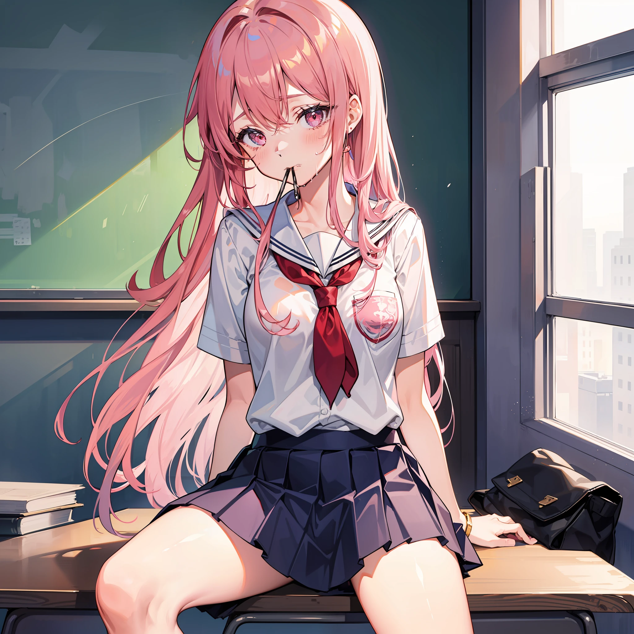 1 long hair，girl wearing school uniform，Take off your short skirt，Pink hair，looks away，Sit and open your crotch，embarressed，Be red in the face，weeping，Mouth closed，‎Classroom（Girl leaking urine）