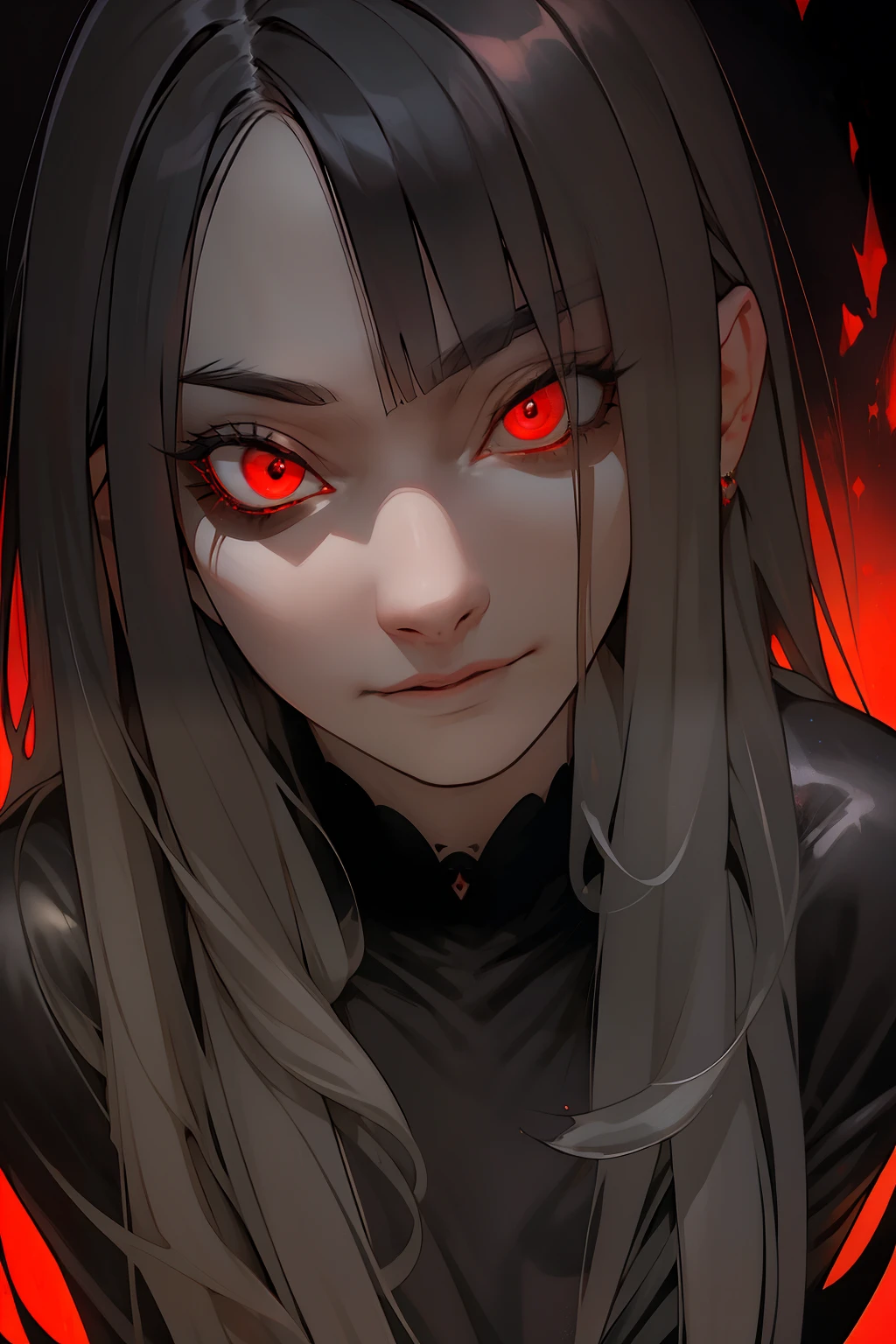 Best quality)), ((masterpiece)), (detailed: 1.4), black dress, dark black hair, black hime cut hair, glowing red eyes, dark background, dark environment, scary, junji ito, juni ito inspired, japanese horror inspired, fish eye lens, perspective, close up on face, face close up