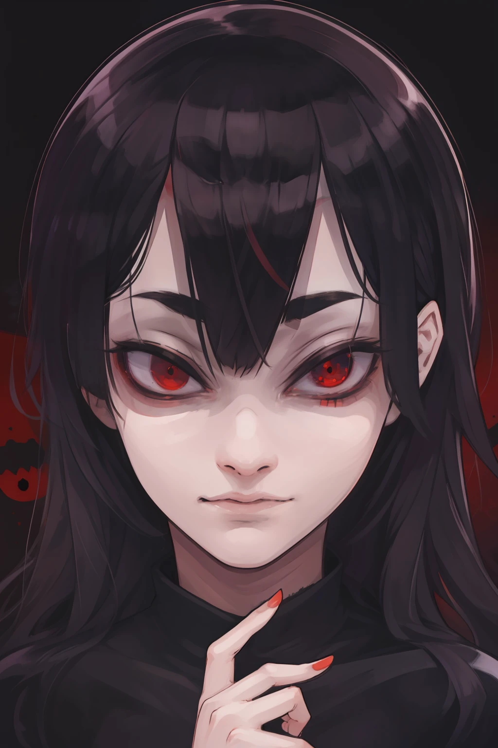 Best quality)), ((masterpiece)), (detailed: 1.4), black dress, dark black hair, black hime cut hair, glowing red eyes, dark background, dark environment, scary, junji ito, juni ito inspired, japanese horror inspired, fish eye lens, perspective, close up on face, face close up