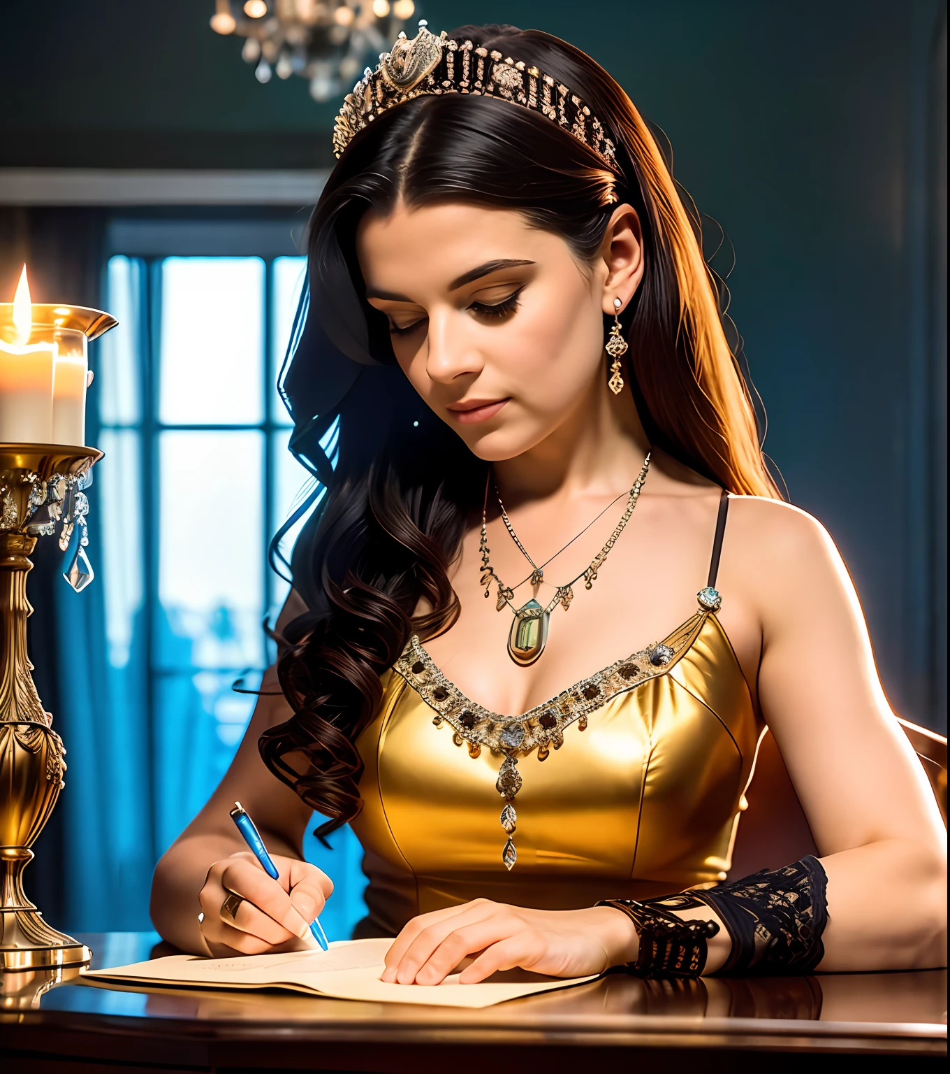 1 european 25 y. o. woman sitting at the table writing a letter, in antique armchair, in front of her different shaped bottles with different colored liquids in it, candlesticks with candles, soft blurry front light, jewels, pendant made of glass, perfect face, rule of thirds, realistic eyes, extra long wavy brown hair, highly detailed hair, on one hand only four fingers + one thumb, proportionate physique, elegant antique environment,  in the background columns and statues made of glass, in18th century Baroque style darkened room, antique furnitures, draperies, bokeh, glow, reflections, soft light rays, neutral colors, insanely intricate details, amazing fine detail, photorealistic, hyperrealistic, lifelike texture, dynamic composition, contrast lighting, cinematic lighting, filmstill, sharp focus, wide angle, ((great depth of field)), raw photo, photon metering, dslr, 8k, ultra high res, hyper detailed, Award - winning photograph, Masterpiece, photography with Hasselblad, f5.6 lens 500mm, Kodak Portra 400 4x5,