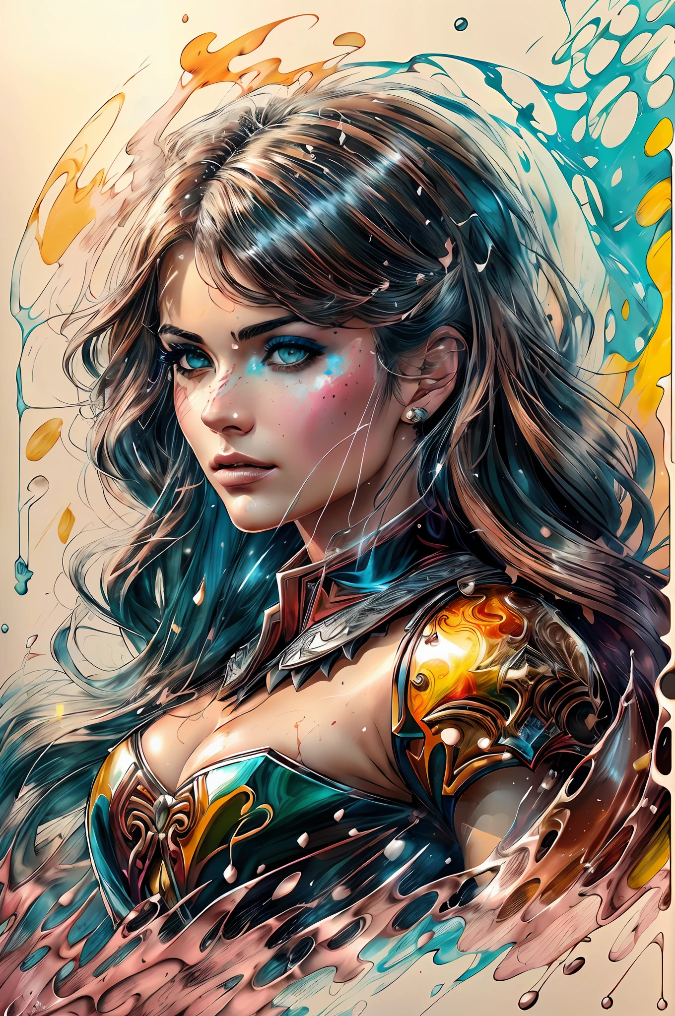 strong warrior princess, centered, visual chave, intrikate, clear blue eyes, highy detailed, breathtaking beauty, precise lineart, Vibrant,Splash, Comprehensive cinematic, Carne Griffiths, Conrad Roset, (the most beautiful portrait in the world:1.5)