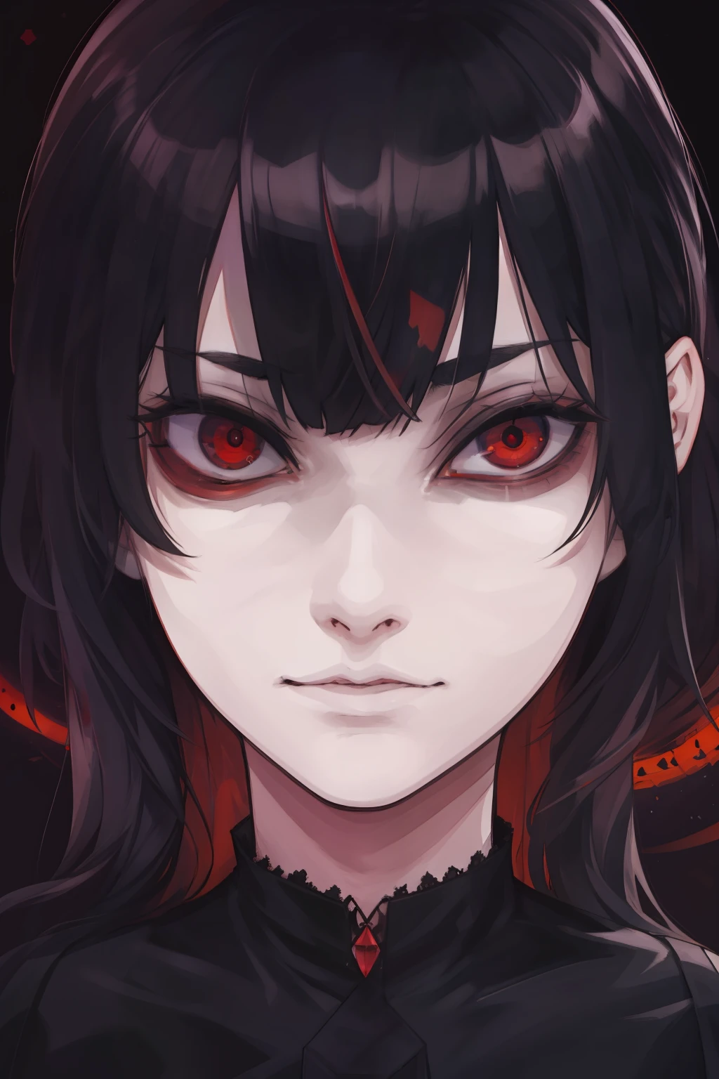 Best quality)), ((masterpiece)), (detailed: 1.4), black dress, dark black hair, black hime cut hair, glowing red eyes, dark background, dark environment, scary, junji ito, juni ito inspired, japanese horror inspired, fish eye lens, perspective, close up on face, face close up, 2 sets of eyes, 4 eyes, multiple eyes on face