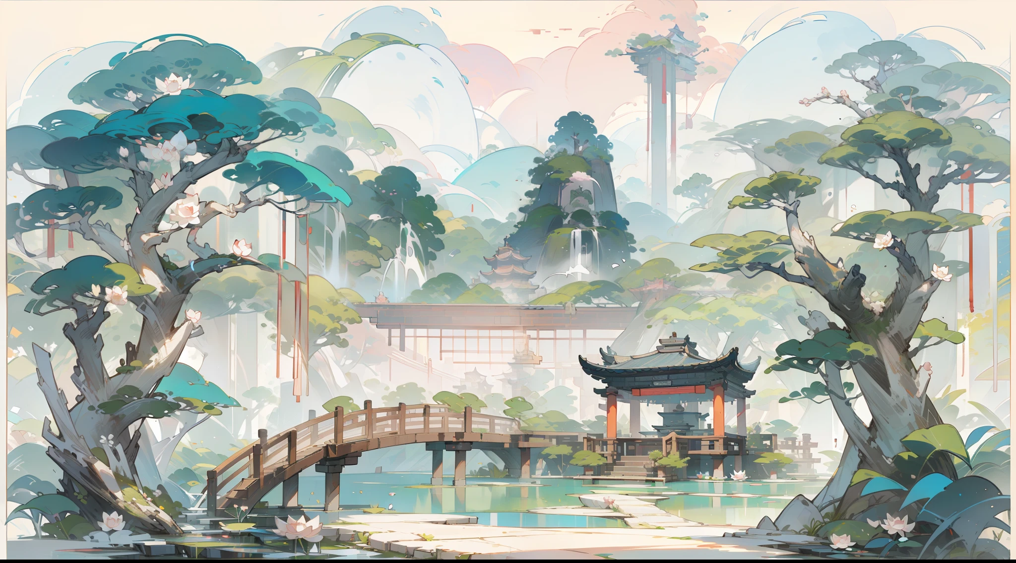Design de cena de jogo antigo，Árvores grandes，florais，Arquitetura de lótus，Mesa flutuante，Um céu azul，nuvem branca，Escultura de renderização OC de pintura a tinta chinesa