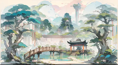 Antique game scene design，big trees，florals，Lotus architecture，Floating table，A blue sky，White cloud，Chinese ink painting OC ren...