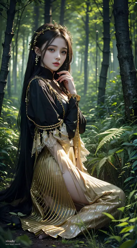 fantasy style,1girll,dress,detailed face,forest,night,green trees,dark theme,full body, 
((cinematic light)),soft light,golden h...