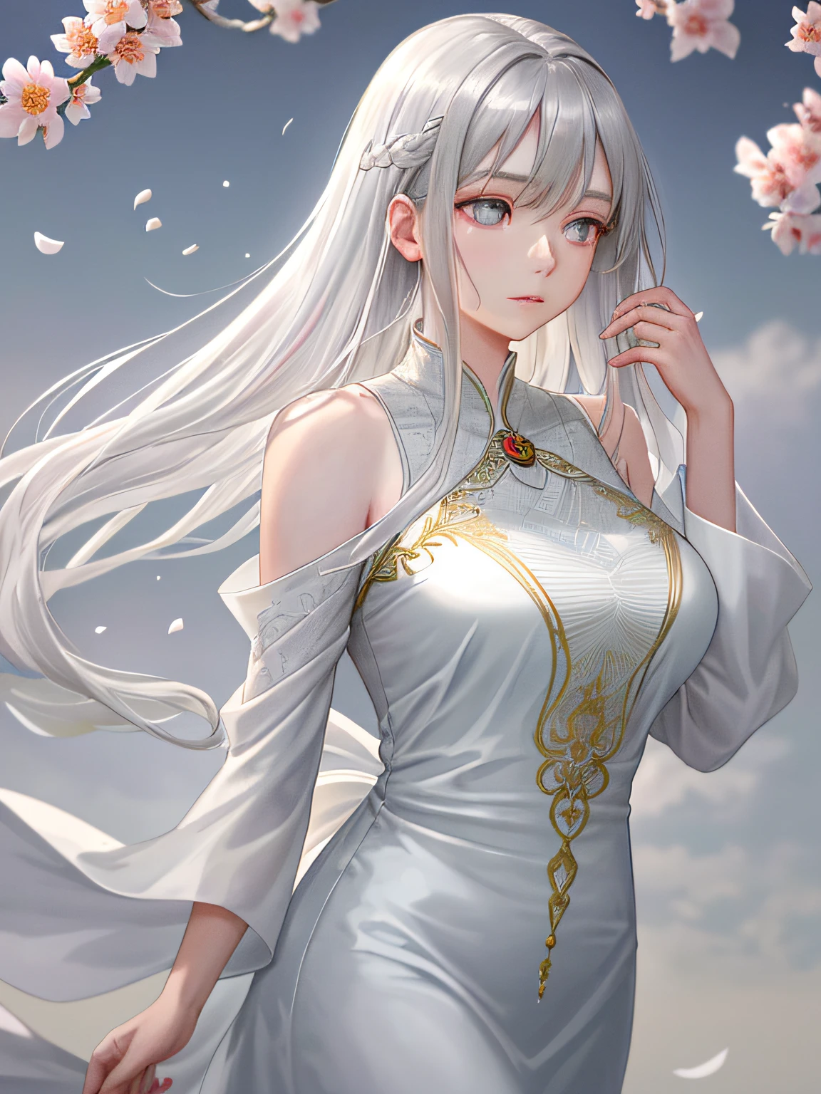 Anime girl with long white hair and blue eyes in a white dress - SeaArt AI