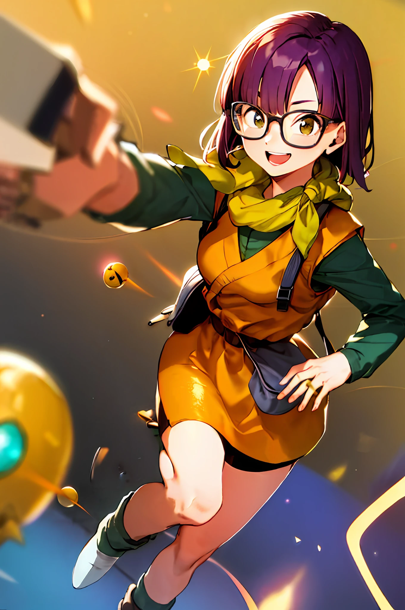 lucca, 1girl, solo, purple hair, short hair, helmet, glasses, standing, yellow scarf, vest, smile, machinery, indoors, Akira Toriyama style. Robot background