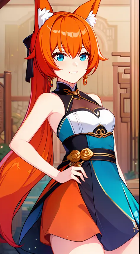 young girl, llong orange hair, fox ears, cyan eyes, chinese sleeveless dress, ssmile, masterpiece, hiquality