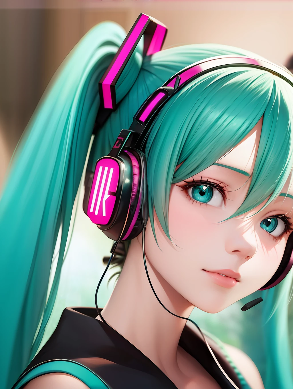 a close up of a person with headphones on with a picture of a girl, hatsune miku portrait, portrait of hatsune miku, mikudayo, anime style. 8k, anime moe artstyle, realistic anime artstyle, hatsune miku, realistic anime art style, anime girl with teal hair, anime style 4 k, anime art style