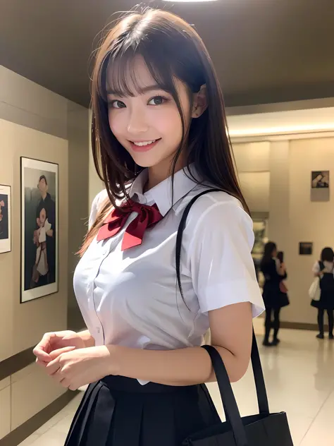 masterpiece, cowboy shot, front view, 1girl per 1photo, a Japanese young pretty woman, hyper pretty face, 18 years old, watching oil pictures in a museum with a big smile, carrying a big tote bag with her shoulder, glamorous figure, wearing a short sleeves...