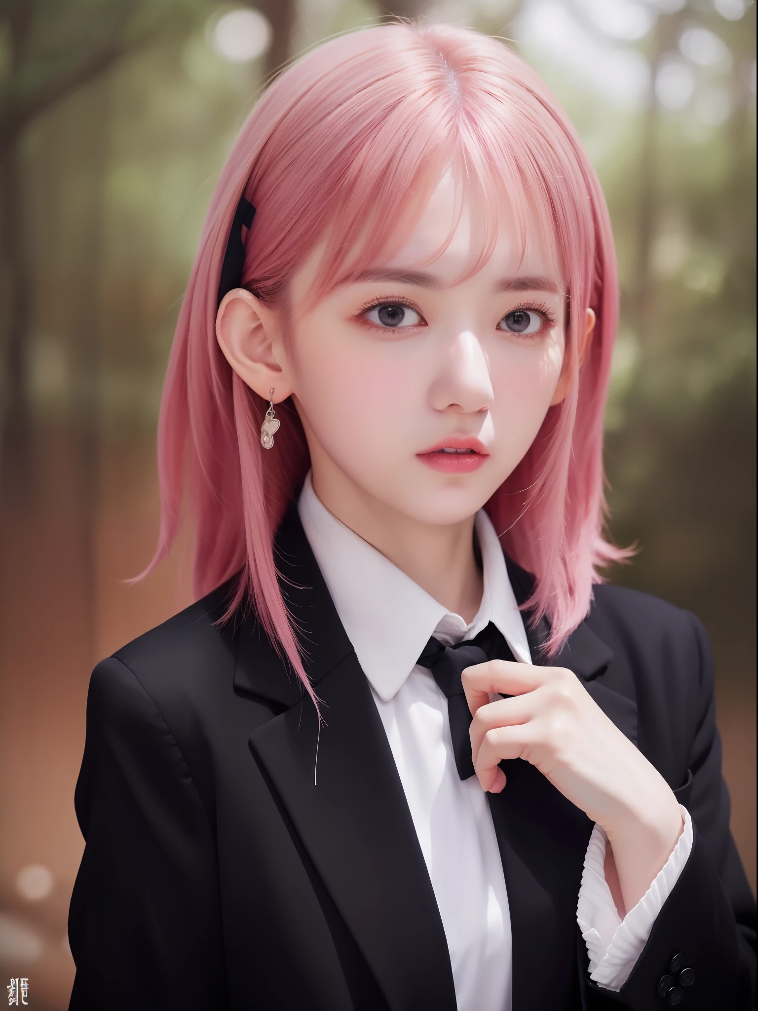 ​masterpiece、RAW color photo, (High resolution:1.2), (photographrealistic:1.4), (Soft Saturation:1.4), (Fair skin:1.2), Detailed background, cute little、A detailed face, Wide Shot,(１girl with)、Black Tight Pantsuit、Thin black tie、white  shirt、Rock Band CD Jacket、Pattsun bangs、Pink hair