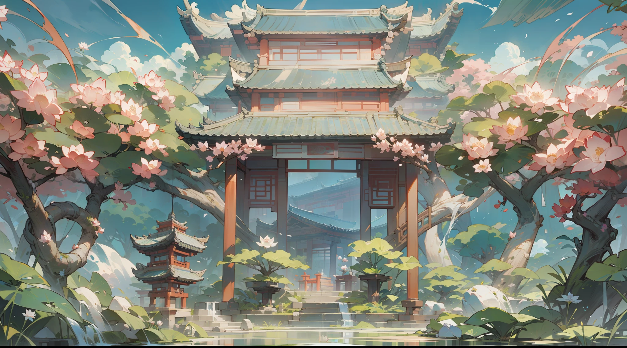 仿古遊戲場景設計，大樹，花香，蓮花建築，浮動桌子，藍天，白雲，中國水墨OC渲染雕塑