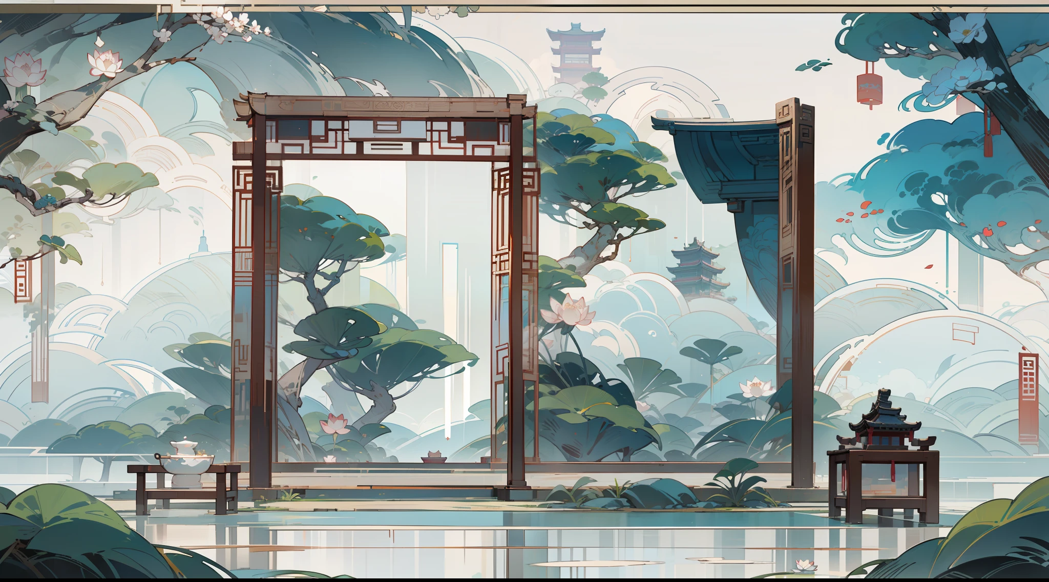 Antique game scene design，big trees，florals，Lotus architecture，Floating table，A blue sky，White cloud，Chinese ink painting OC rendering sculpture