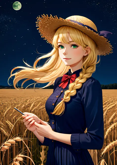 award winning (anime style:1.0), 1girl, solo, (straw hat with flowers:1.1), star (symbol), (long blonde hair flowing in the bree...