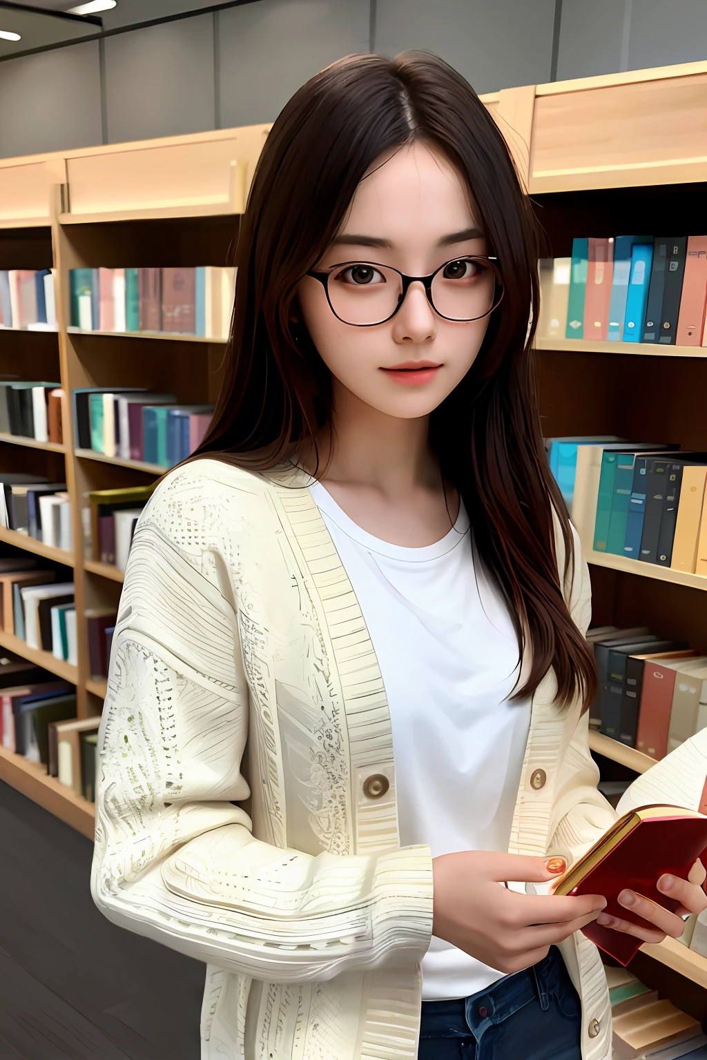 masterpiece, best quality, extremely detailed CG unity 8k wallpaper,
a beautiful girl, reading a book,
university student, glasses,
library, detailed background,