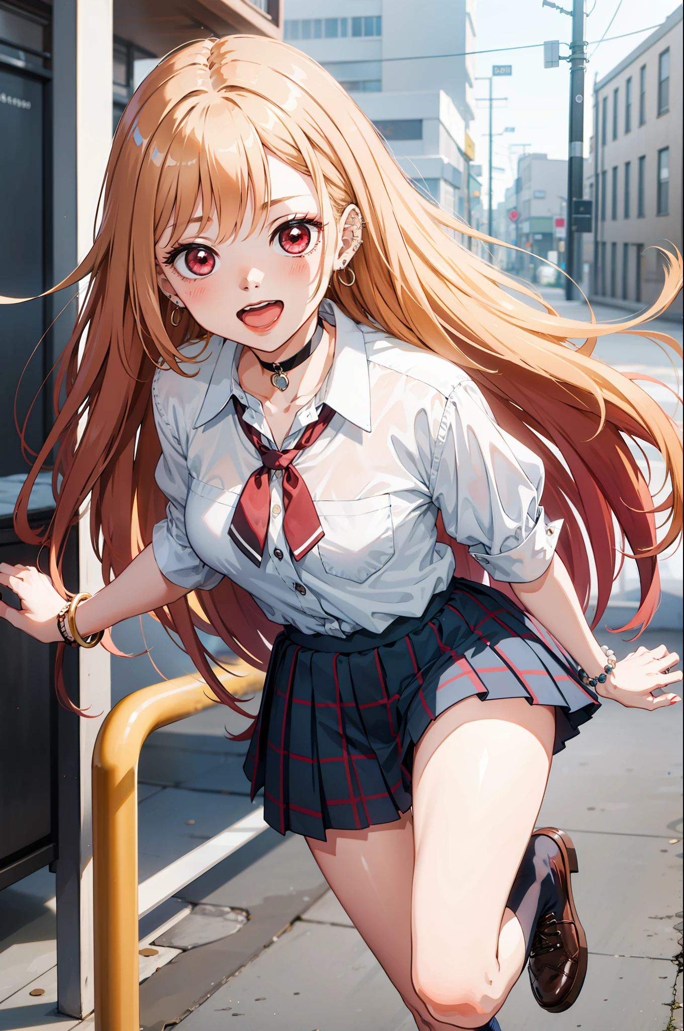 1girl,  Marin Kitagawa, long hair, blonde hair, red eyes, piercing, earrings, ear piercing, stud earrings, black choker, loose necktie,  , white collared shirt, (blue skirt:1.1), pleated skirt, plaid skirt, bead bracelet, wrist scrunchie, long fingernails, open mouth, smile, black socks, brown footwear,, (masterpiece:1.2), highres, best quality, 8k, very clear,