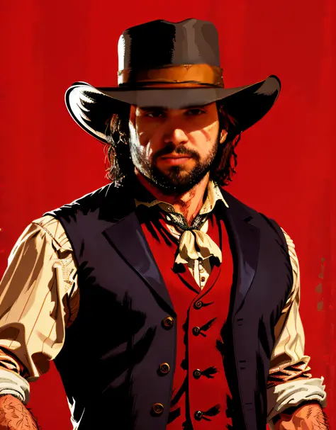 R3DD34Dstyle, digital portrait, john marston, facial hair, cowboy hat, vest, sponsorship, red background