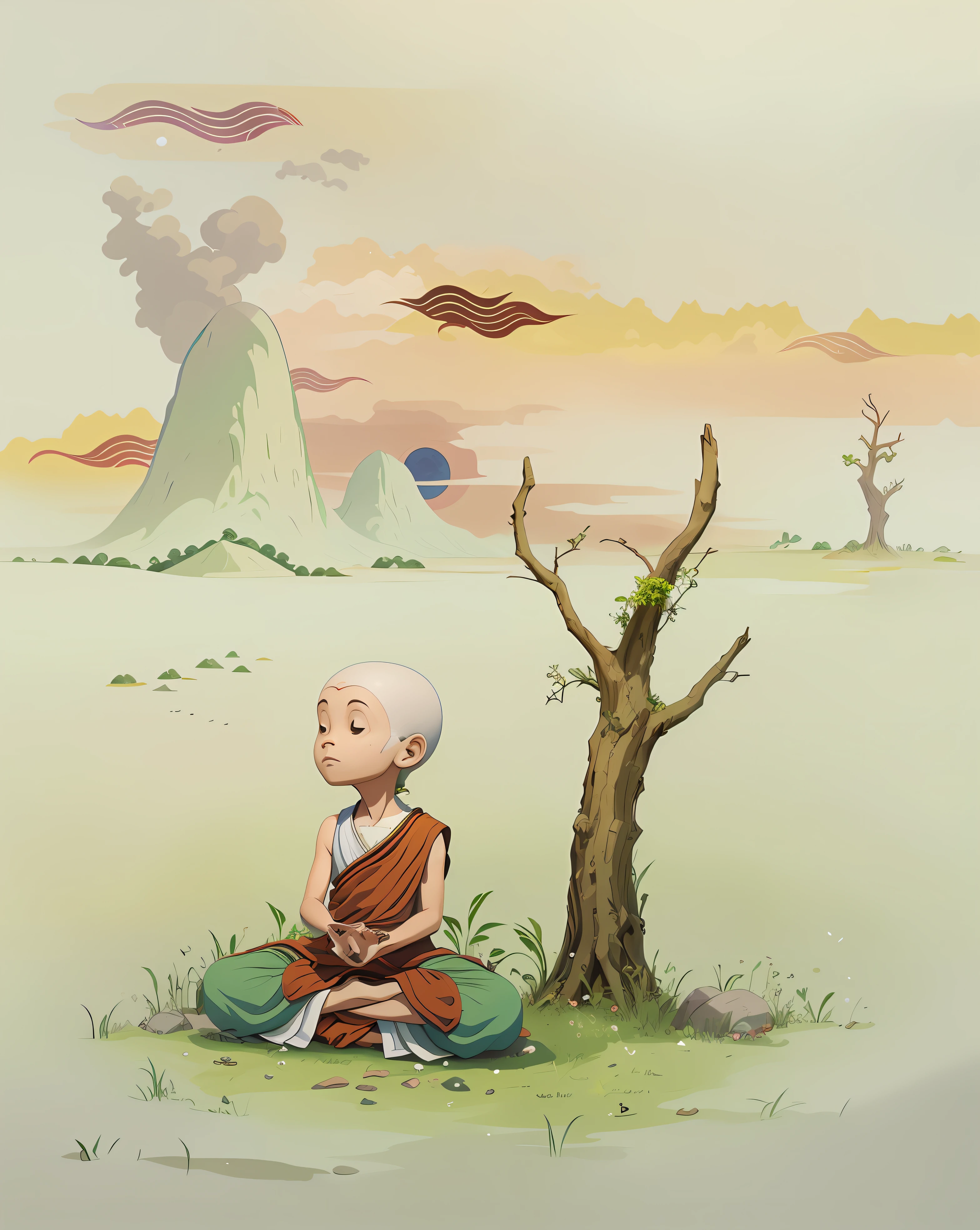 Cartoon of a monk sitting in a field with a tree - SeaArt AI