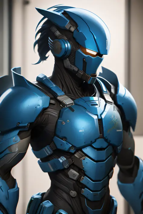 masterpiece, best quality,1boy,armorsuit,upper body, looking at viewer, Honolulu Blue armor,