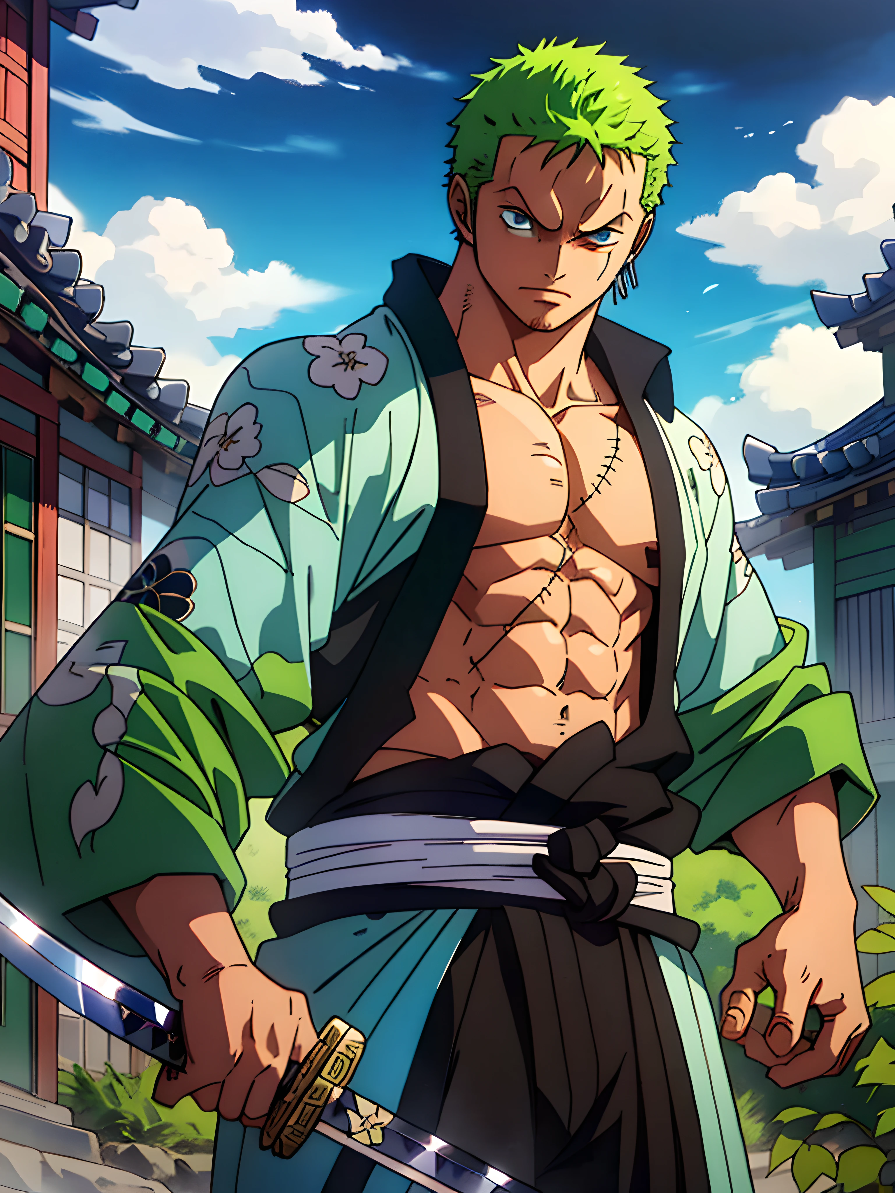 Roronoa Zoro (Obra de arte, Resolução 4k, ultra-realistic, Muito detalhado), (Tema do samurai branco, carismático, há um espadachim ao lado de um japonês "andar de" bar, vestindo um quimono azul com detalhes de nuvens no "coração" acompanhar, ele é comandante da primeira divisão do líder do bando mugiwara, trabalhar "uma pedaço"), [ ((19 anos), (cabelo verde curto:1.2),  corpo todo, (olhos azuis:1.2), ((Roronoa Zoro's pose), demonstração de força, desembainhando com uma mão suas katanas enma), ((Ambiente rural japonês):0.8)| (paisagem rural, ao entardecer, luzes dinâmicas), (sol cego)), 1 katana]. # Explicação: Prompt descreve principalmente uma pintura 4K de ultra-alta definição, muito realista, Muito detalhado. Mostra um espadachim, mestre do estilo Santoryu de katanas, vestindo um quimono azul com detalhes de nuvens na cintura. O tema da pintura é um espadachim branco, segurando com uma mão sua katana preta enma, the male protagonist has cabelo verde curto, is 19 anos old and his entire defined body is shown in the painting, com características de endomorfo bombeado.