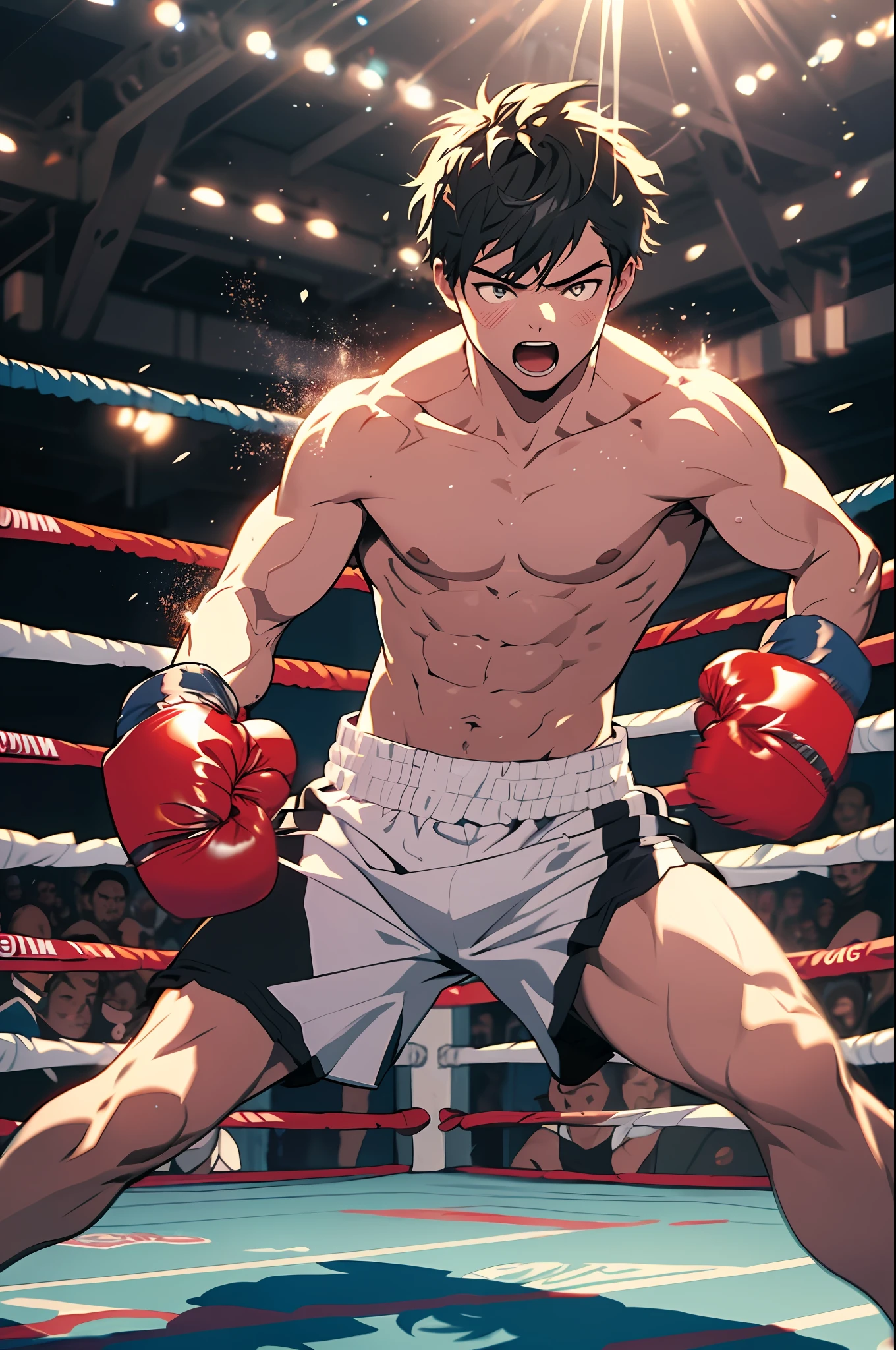 16 years old boy，The barefoot，boxer，boxing gloves，Punch your opponents,Intense exercise，No clothes on，Pastel tones，Abs，Acts of pursuing pleasure，，8K,Cinematic lighting effects，Textured skin，best qualtiy，Storytelling images，Storytelling images，dynamic blur，actionpose