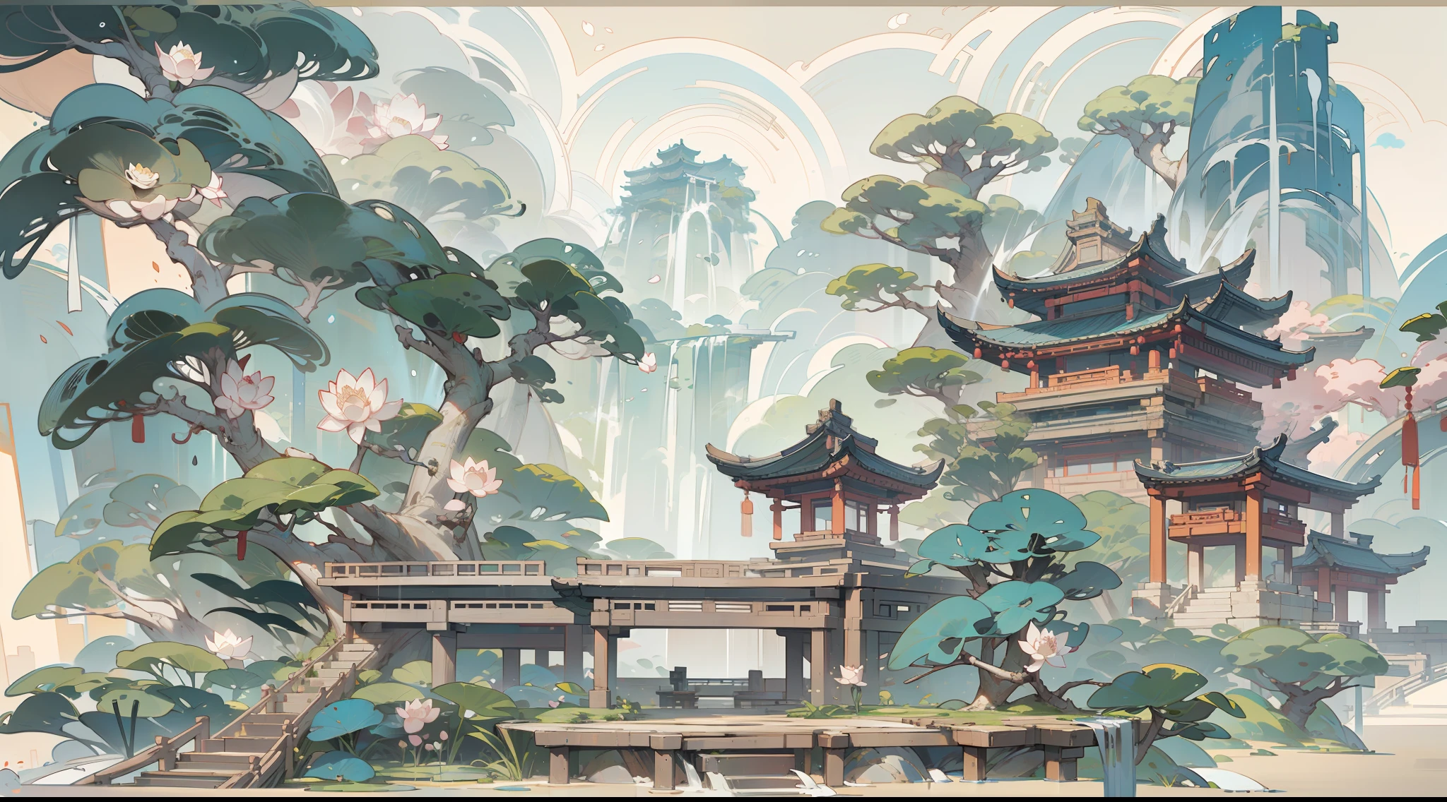 仿古遊戲場景設計，大樹，花香，蓮花建築，浮動桌子，藍天，白雲，中國水墨OC渲染雕塑
