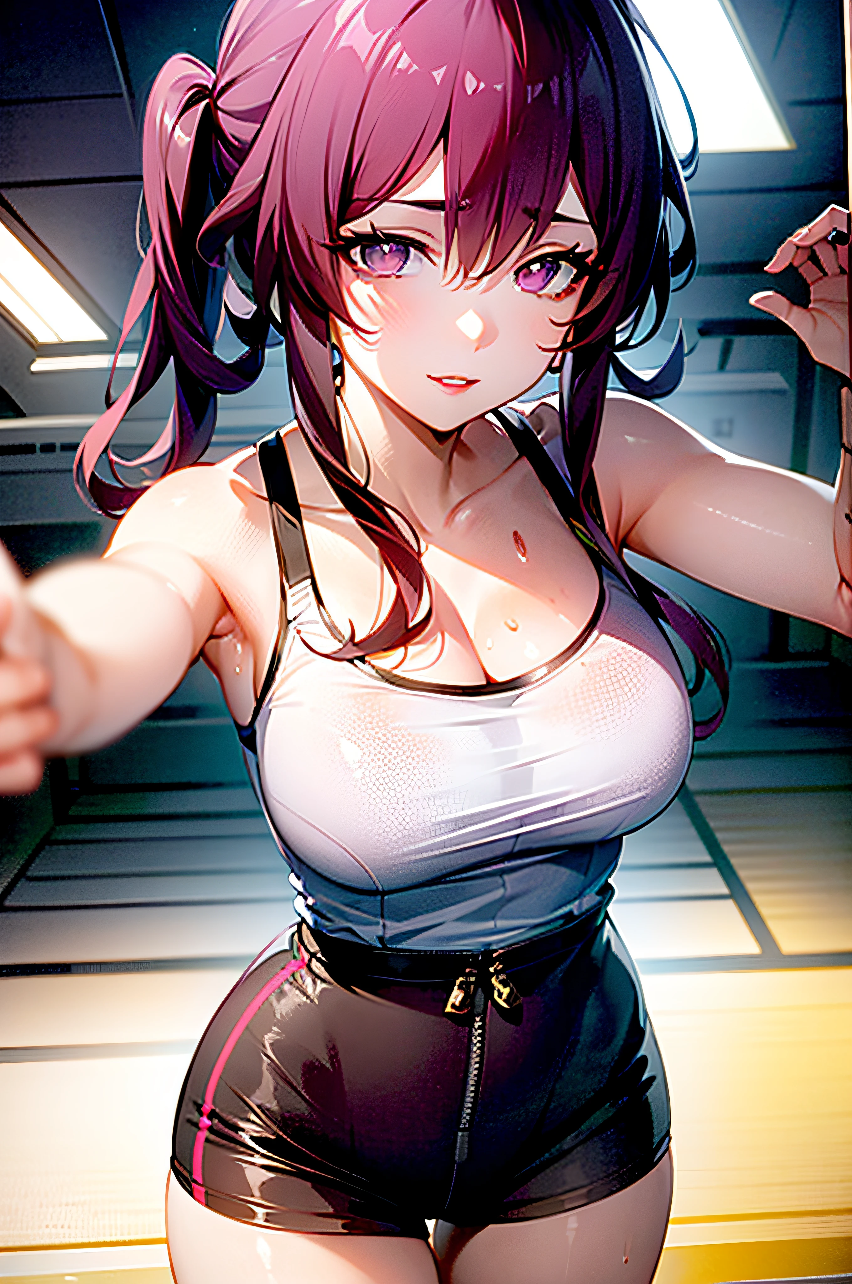 good hand, 4k, 1girl, ) a RAW portrait of a girl working out in the gym), perspiring, sweating, high resolution, masterpiece, best quality, head: 1.3, (Korean K-pop idol), chunli, twin tails, extremely cute and finely detailed skin, sharp focus, (cinematic lighting), collarbone, soft lighting, dynamic angle, [:(detailed face: 1.2): 0.2], thigh space, slim body, ((medium breasts)), full body, ((gym attire)), (gym shorts), tank top, gym background, gym equipment, (anime, official_art: 1.1), (anime screenshot: 1.1), (1girl, solo focus: 1.2), (fisheye: 0.9), ray tracing: 0.5, depth of field: 1.0, bokeh: 0.6, god rays: 1.0, vivid colors: 0.8, Cinematic hard lighting: 0.7, Realistic shadows: 1.2,