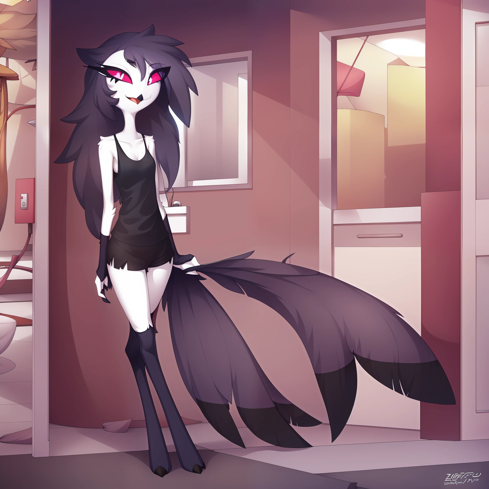 Anime girl with black hair and red eyes standing in a bathroom - SeaArt AI