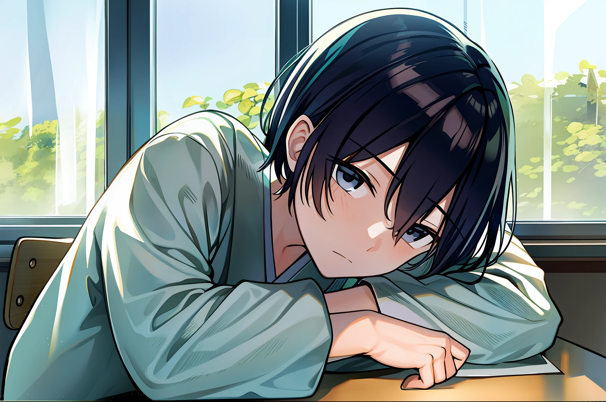 An introverted, melancholic, handsome Japanese anime male protagonist, young 17 years old, Has black hair and black eyes，largeeyes，The shape with empty eyes is very stylish。He wears a black school uniform, Sit in a window seat in the penultimate row of the classroom, Sideways against the wall。His left hand supported his chin, The right hand rests lazily on the table。His gaze was fixed on the green grass and blue sky outside，There are trees outside the window。The classroom is a Japanese-style wooden classroom，Full of detail and light and shadow effects，Atmospheric Arts。