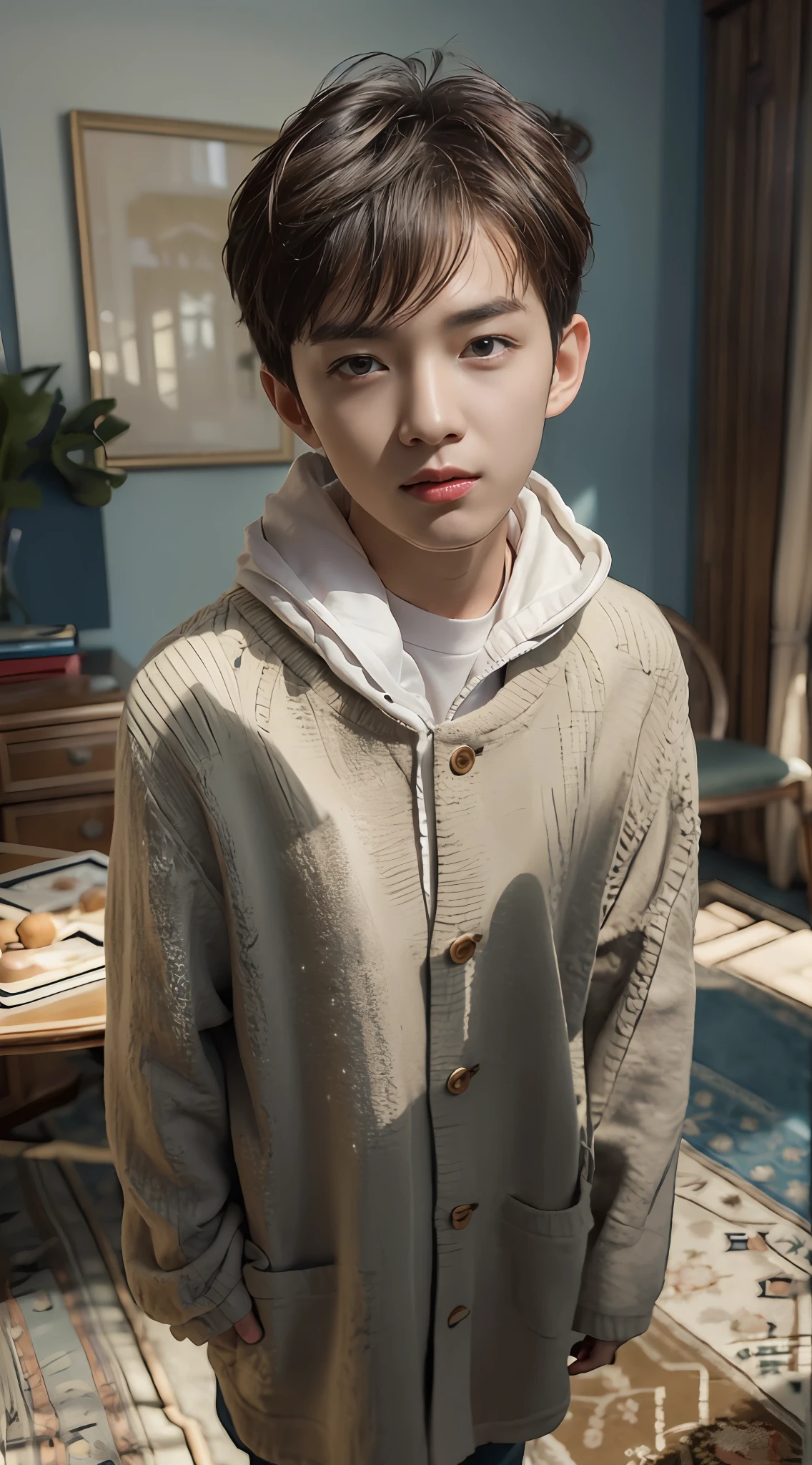 best quality, masterpiece, (photorealistic:1.4), 1boy, solo, short hair, big eyes, coat,long sleeves, upper body, dramatic lighting, looking at viewer, standing, indoors, living room, tables, carpet, wooden floor, decorations, window, sunshin