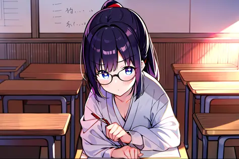 black silky hair、Purple pupils、Japanese anime woman with glasses（Female teacher with description）, Young female teachers, Wearin...