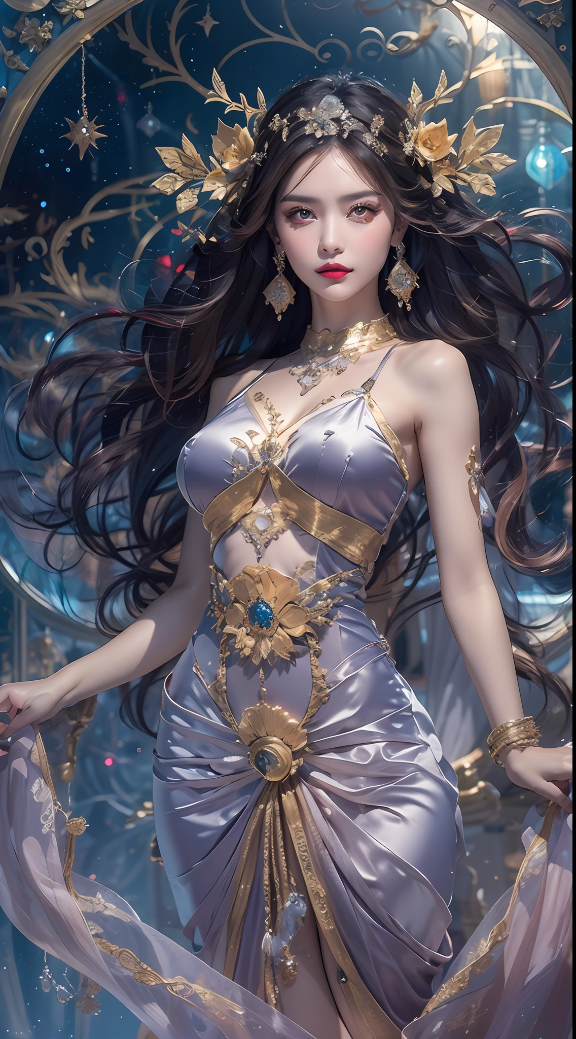 1 goddess of the zodiac from the future wears a thin ชุดผ้าไหม, เจ้าแม่จักรราศีมีความสวยงาม, the goddess of the zodiac wears a colorful thin ชุดผ้าไหม with sexy black and white lace, เทพธิดาเปล่งประกายด้วยธนูสีม่วงอันสุกใส, pink ราศี, star in the picture of 12 ราศีs, goddess of the zodiac in a thin ชุดผ้าไหม, golden zodiac with many black รายละเอียดs, เทพีในตำนาน 12 ราศี, ราศี, สไตล์ราศี, เวอร์ชั่นมืดมนและลึกลับ, หน้าอกเต็ม, หน้าอกใหญ่และกลม, หน้าอกได้สัดส่วนและริมฝีปากสีแดงสวย, ไม่ยิ้มจริงจัง, คาโรล บัก และ ปิโน แดนี, intricate รายละเอียด, รายละเอียดed background, วัตถุพื้นหลังมากมาย, extremely รายละเอียดed, แสงวิเศษ, ผู้หญิง, ผมยาวย้อมเจ็ดสีและมัดอย่างประณีต, หน้าใสไร้รอยแผลเป็น, ใบหน้าที่สวยงามและดวงตาได้สัดส่วนที่ดี, ริมฝีปากสีแดงสวยและมีเสน่ห์, ดวงตากลมโตและการแต่งหน้าที่สวยงาม. รายละเอียด, โฟกัสระยะไกล, ชุดผ้าไหม, เครื่องประดับผม, เครื่องประดับคอ, เครื่องประดับชุด, เครื่องประดับแขนและต้นขา, เครื่องประดับเท้าเทพธิดา, เครื่องประดับลึกลับ, (แนวตั้งด้านบน: 1.9) , แขวนแขน, เทพธิดาแห่งราศีที่เซ็กซี่และเย้ายวนใจ , (ช่องว่าง: 1.8), (กาแลคซี: 1.7), ออโรร่า, ฟ้าผ่า, (ออโรร่า background: 1.8), ดวงตาสวย, ดวงตาสวย photo, เทพีแห่งความงามและดอกไม้, fantasy แสงวิเศษ effect,