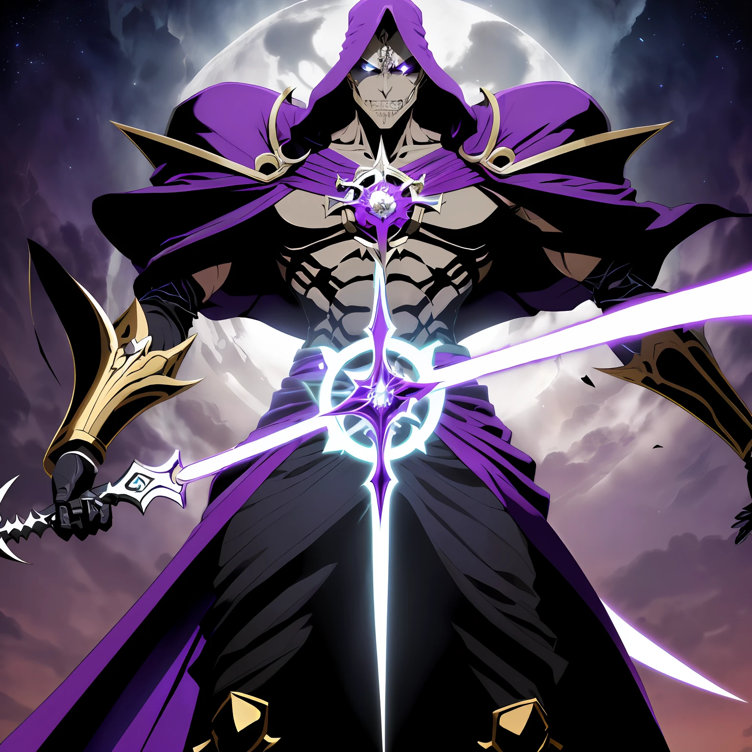 (full body of a toguro100 person with a sword and a purple cloak, Ainz Ooal Dress, overlord!!!, overlord, por overlord, beautiful male god of death, overlord Temporada 4, king of time reaper, offcial art, portrait of the god of death, the king of death, Ish, Albedo do anime overlord, death god) , dynamic dark fantasy dinner table, Character firing black magic from his hand, vortex, particuls, in action, (((view of the whole scene)))