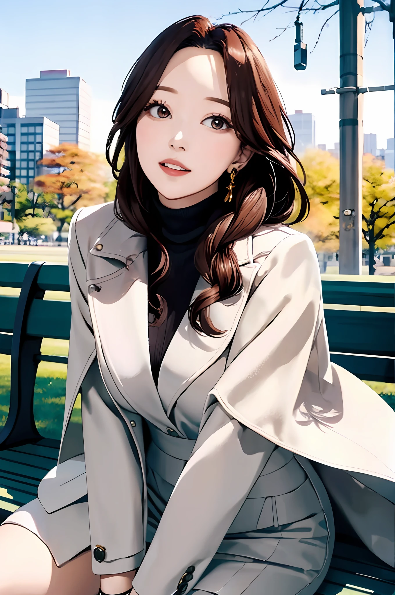 (masterpiece, best quality), mina from twice, beautiful young woman, detailed designer turtleneck top, long coat, braided hair, perfect slim fit body, big gorgeous eyes, perfect face, sitting on a bench, city park, tokyo, bright colors, clean lines, eye-catching composition, photorealistic