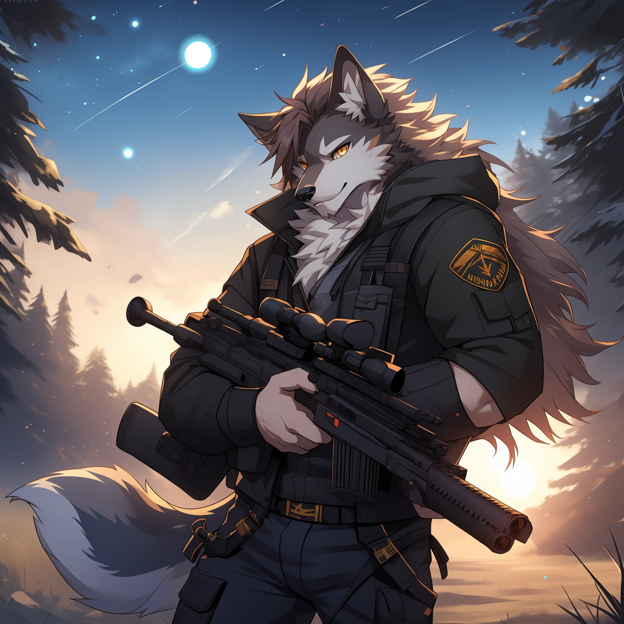 Furry，gray wolf，long whitr hair，Golden pupils，sniper gun，starrysky