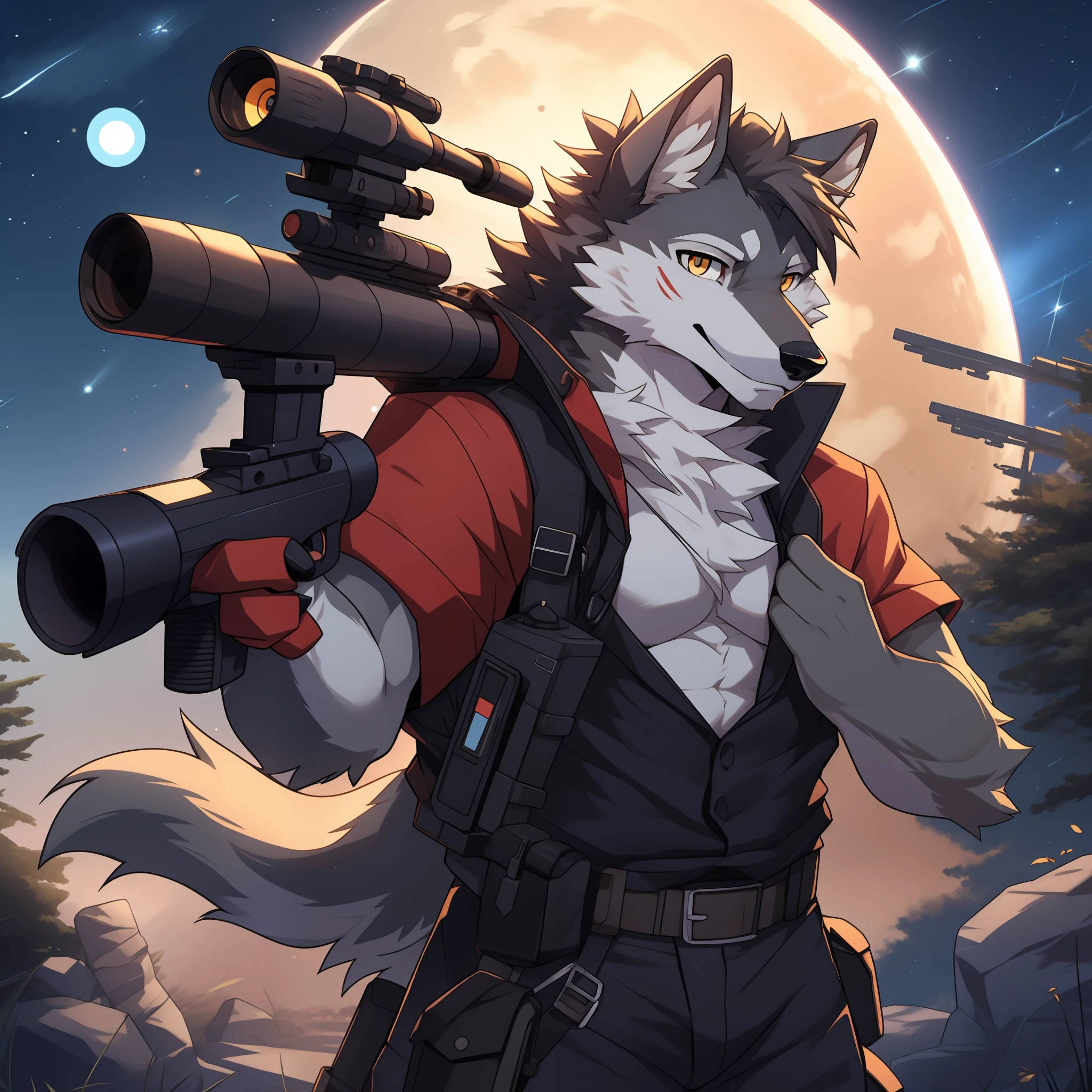 Anime wolf with a gun and a rifle in front of a full moon - SeaArt AI