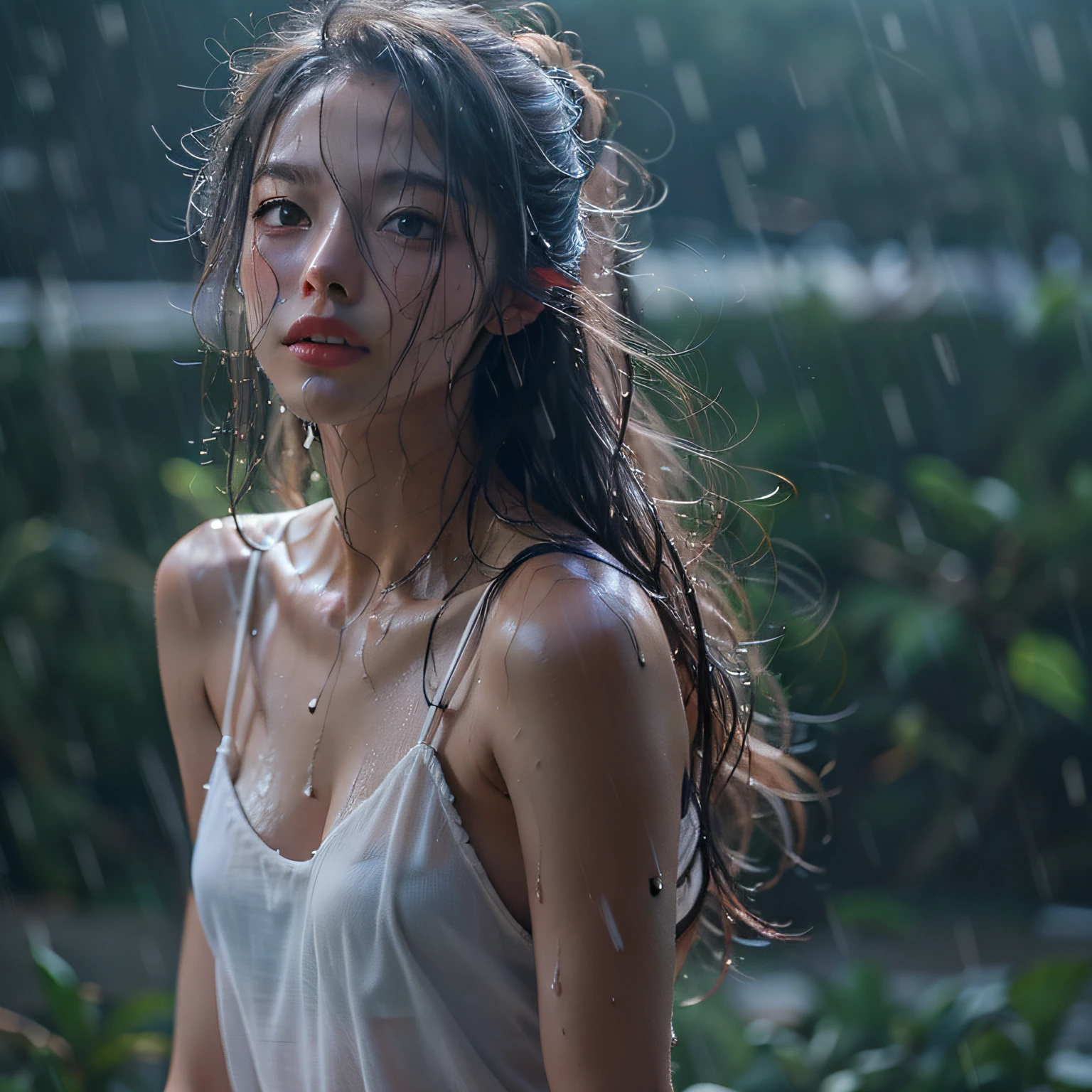 穿着白色薄裙的美女, 湿的头发, 内衣雨, 衣服被雨淋湿了, 露出皮肤, 凌乱的头发, 鼻子红肿, 高细节, 特写, 超高清