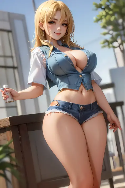 (master masterpiece：1.4，best best quality),(Enormous breasts),(The denim vest does not wear a bra to expose the internal test breasts:1.5),(Expose the navel),(short denim skirt), forest, crop top smile, blonde hair, wide hips