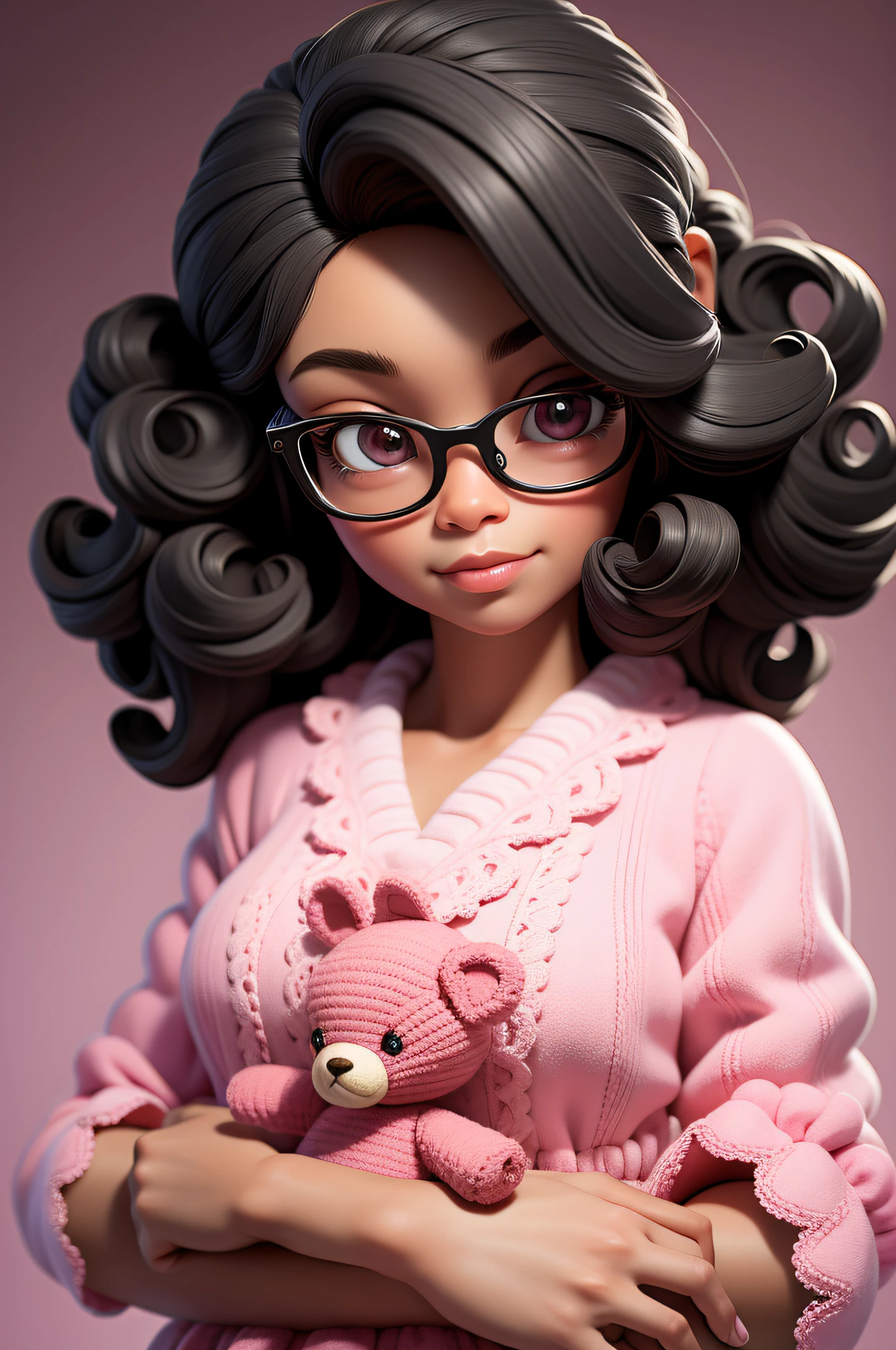 masterpiece, best quality, 3d rending work, 3DMM style, close-up, portrait, 3d, 1girl, solo, looking forward, wearing prescription glasses, sweet expression, happy, holding an amigurumi teddy bear, black skin, medium size type 3C hair, pink pastel colors, realistic, upper body, simple background, looking away, separated lips, curly hair