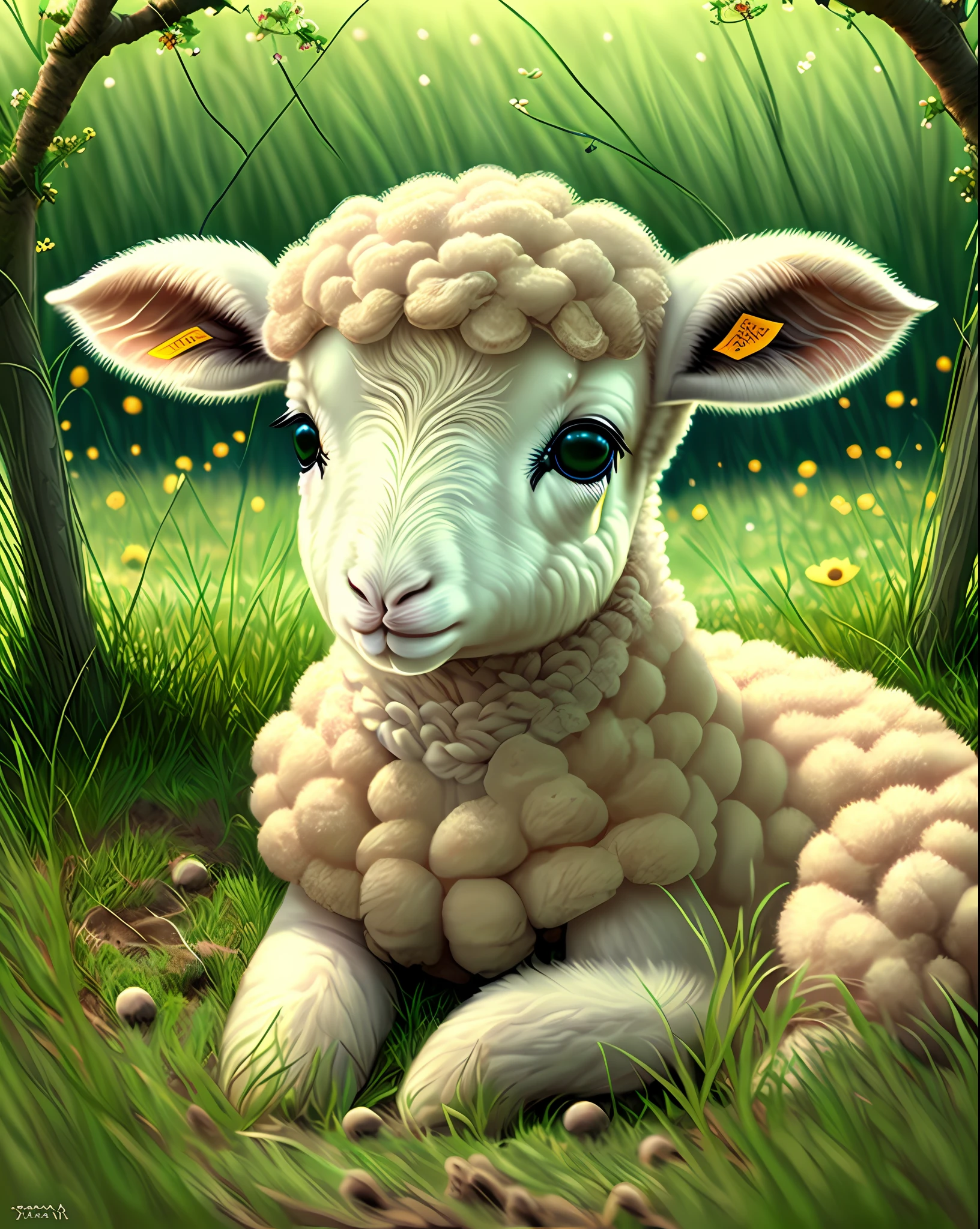 small lamb laying in a green pasture --auto --s2